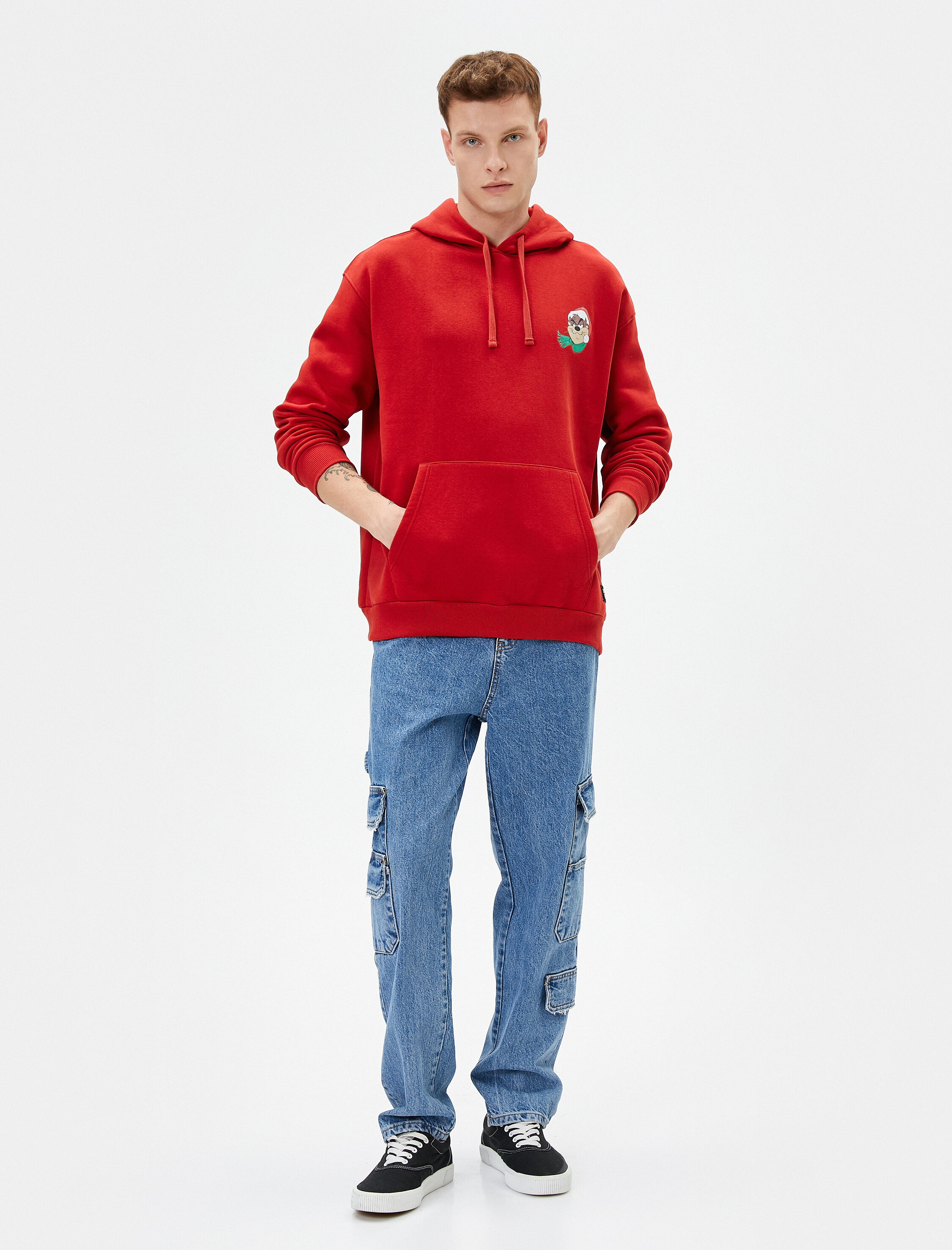 Tazmanya Canavarı Kanguru Cepli Hoodie Lisanslı Baskılı Şardonlu