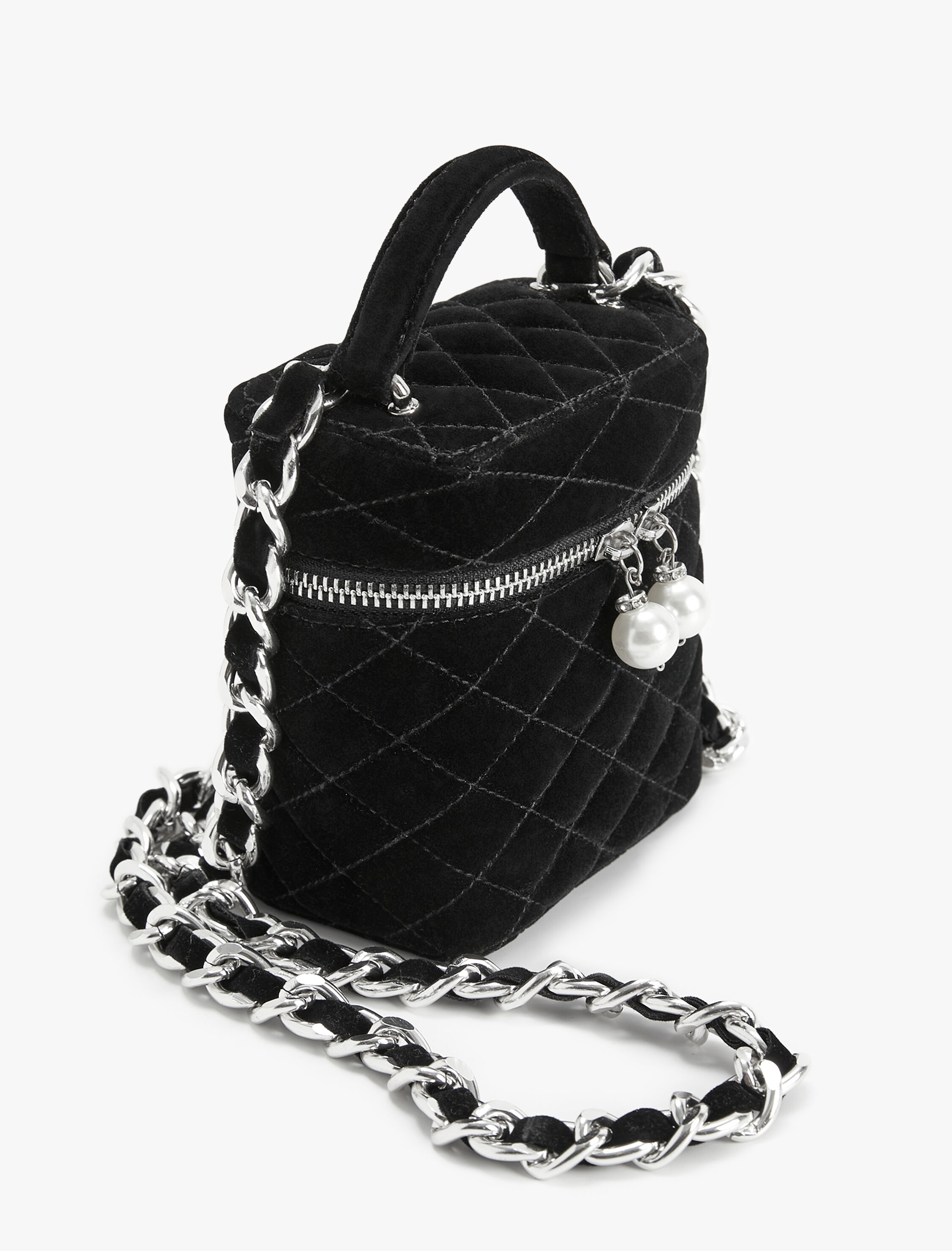  Kadın İnci Detaylı Kadife Mini Çapraz Çanta Kapitone - Melis Ağazat X Koton