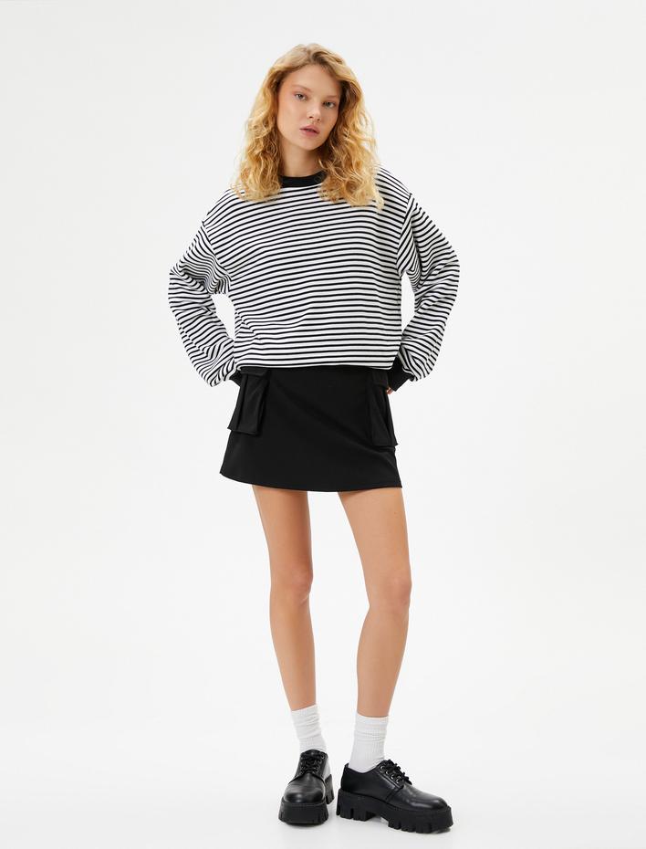  Şardonlu Bisiklet Yaka Sweatshirt Uzun Kollu Pamuk Karışımlı Rahat Kalıp