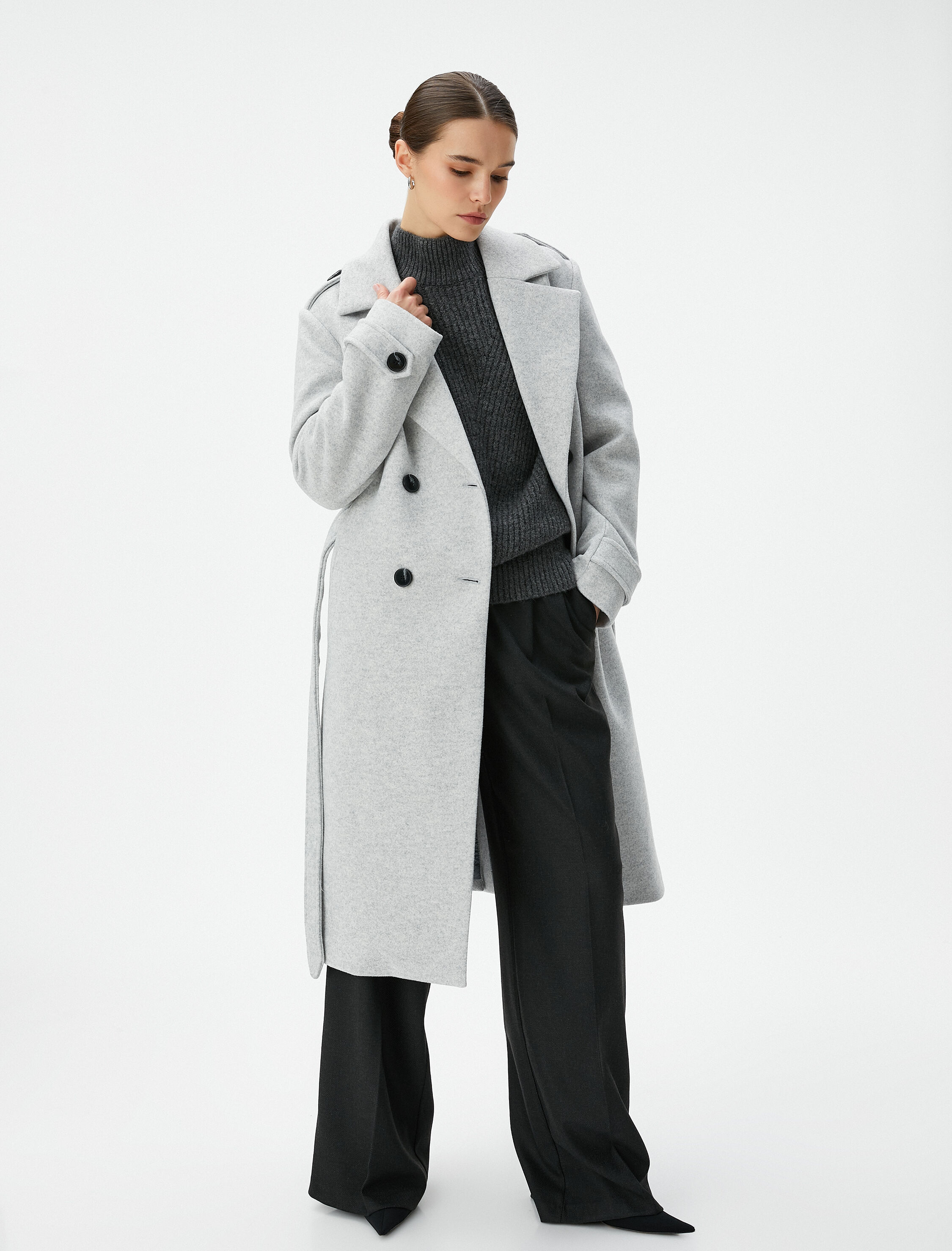   Uzun Kaşe Kaban Beli Kuşaklı Kruvaze Düğmeli Cepli