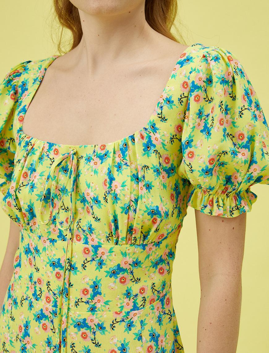   Çiçekli Yazlık Elbise Mini Fırfırlı Kısa Kollu
