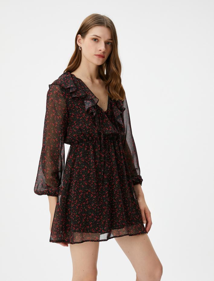  Çiçekli Tül Mini Elbise Fırfırlı Uzun Kollu V Yaka Astarlı