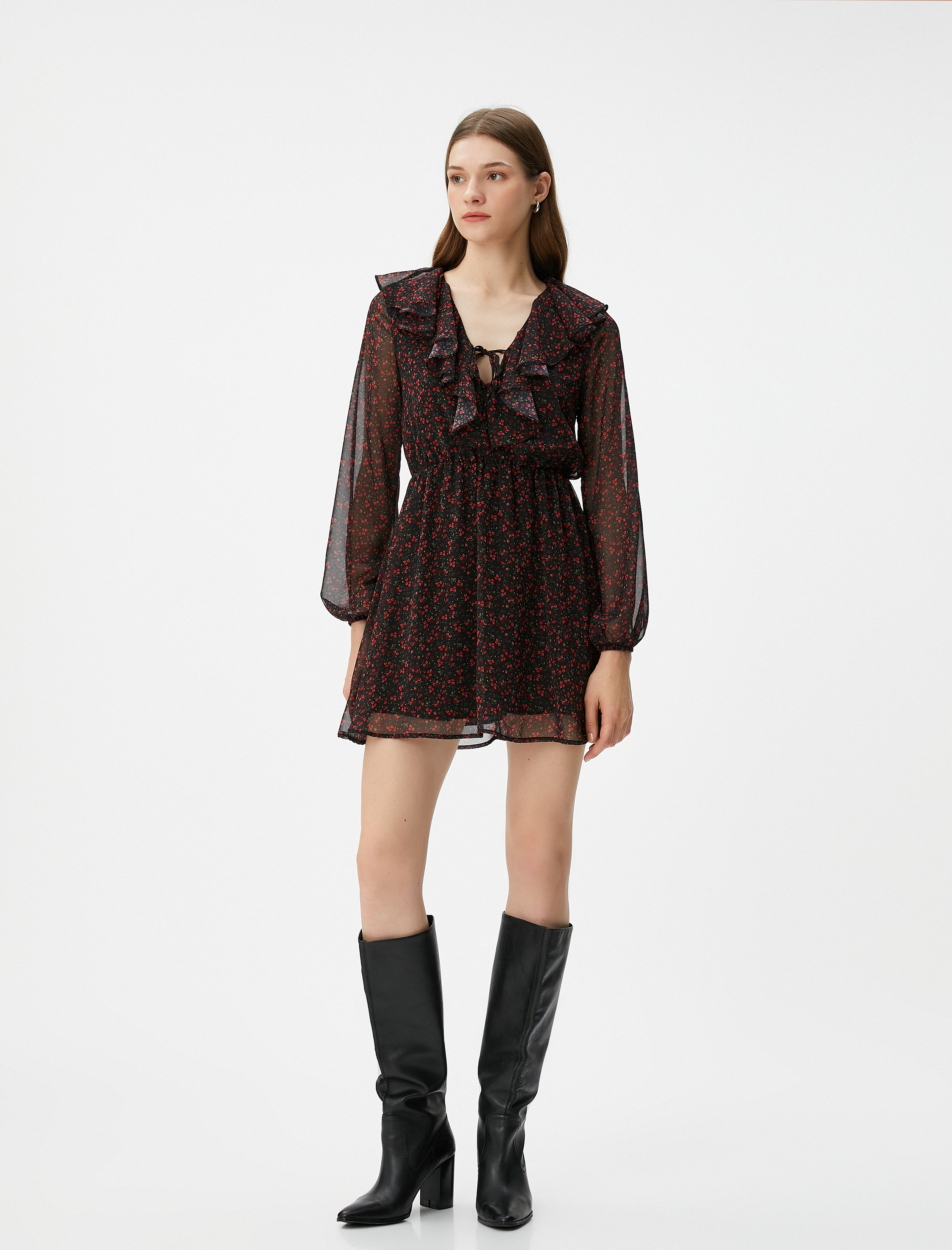   Çiçekli Tül Mini Elbise Fırfırlı Uzun Kollu V Yaka Astarlı