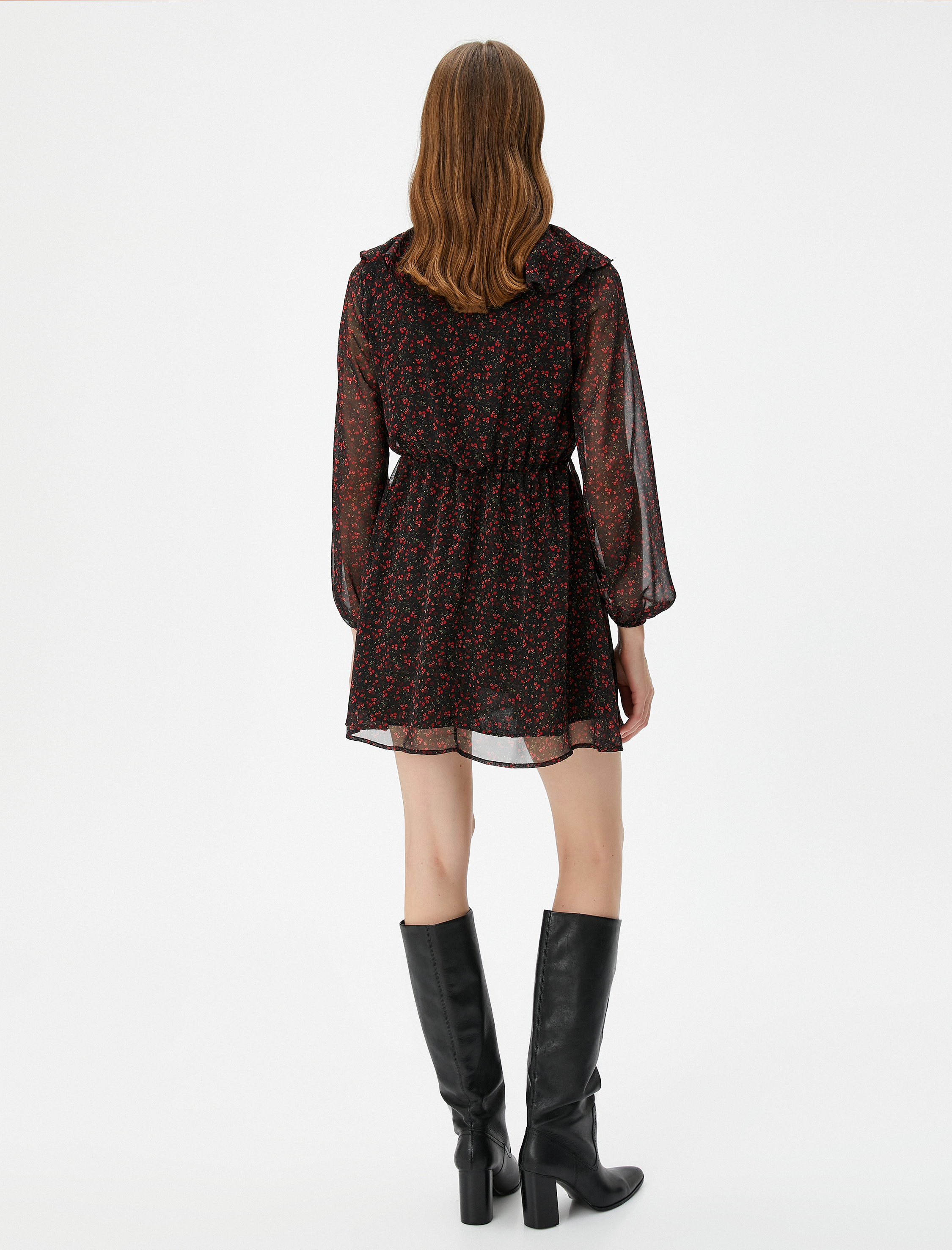   Çiçekli Tül Mini Elbise Fırfırlı Uzun Kollu V Yaka Astarlı