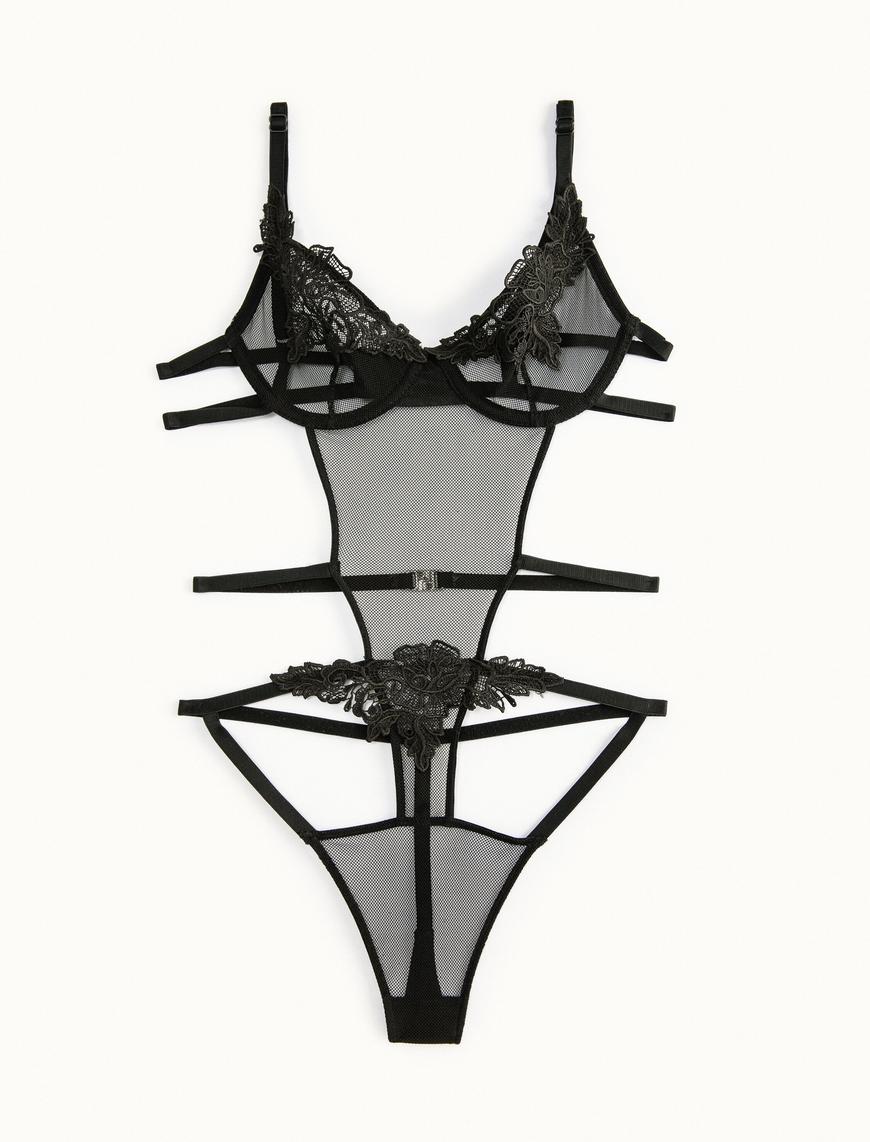 Siyah Kadın Dantelli Bodysuit Balenli Biye Detaylı 4WLK00007MK | Koton