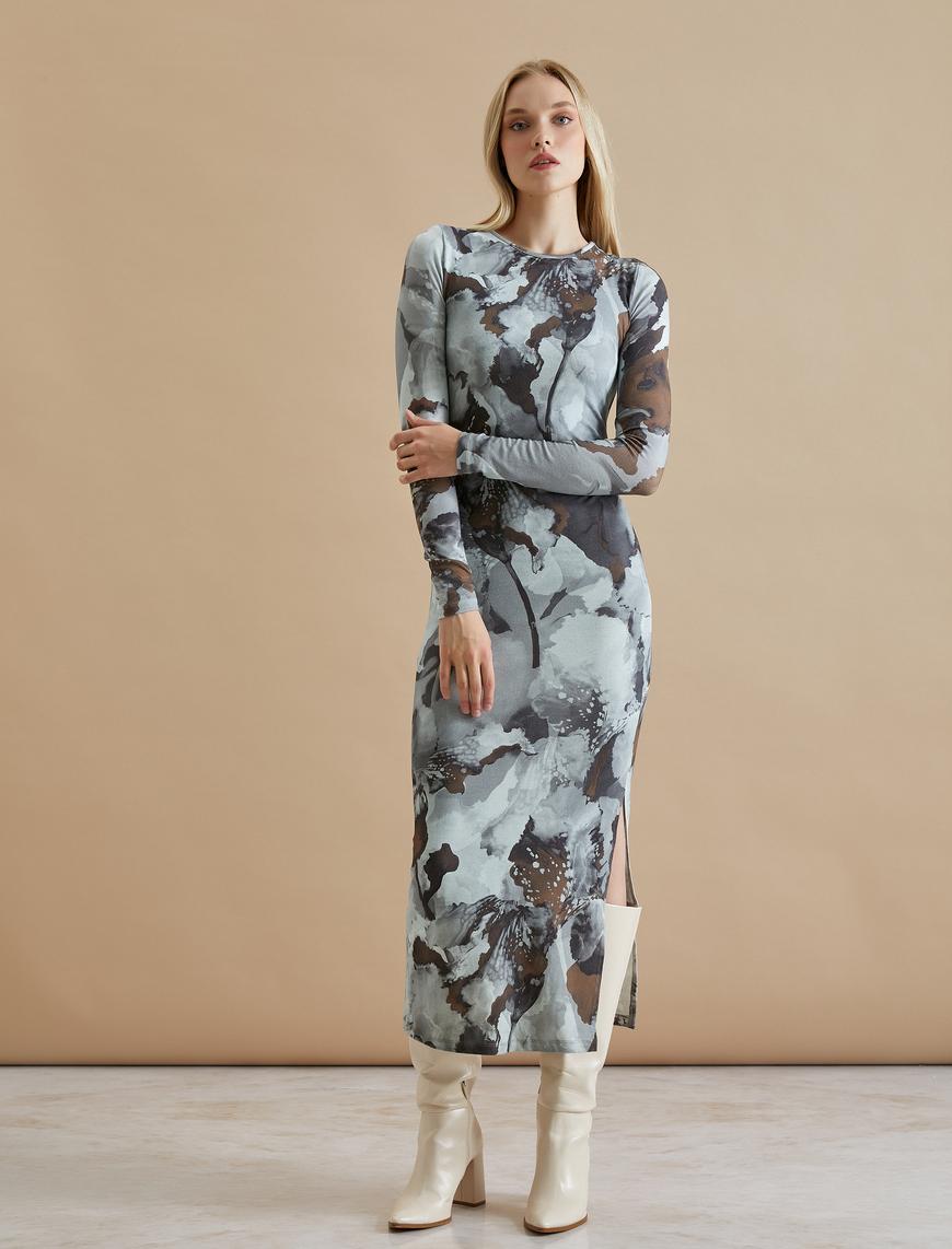   Şahika Ercümen X Koton - Kalem Elbise Uzun Kollu Dik Yaka Yırtmaçlı