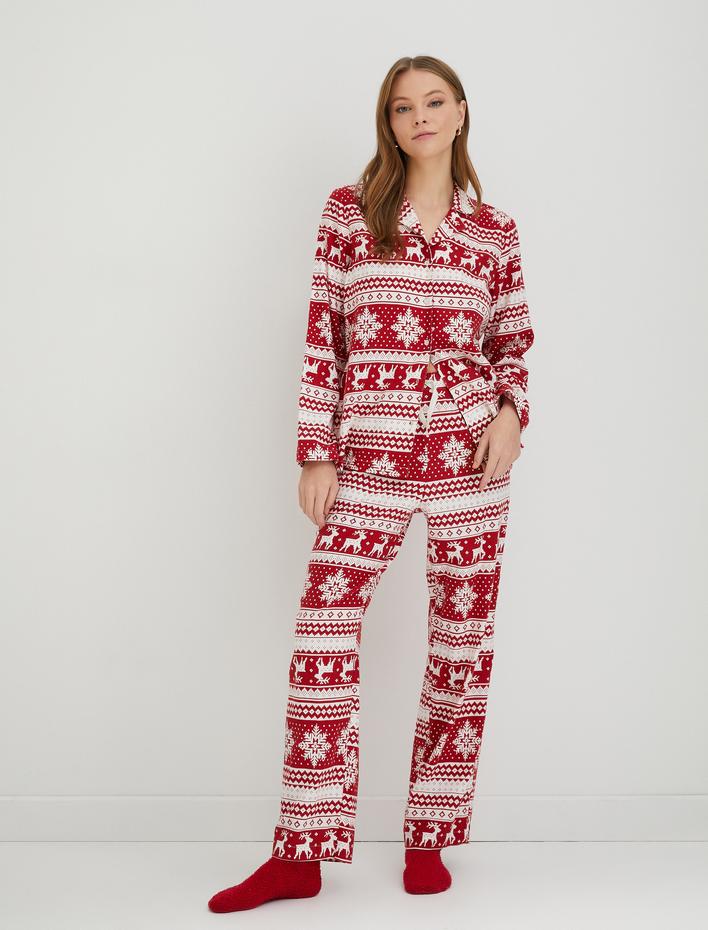  Yılbaşı Temalı Pijama Üstü Uzun Kollu Bisiklet Yaka