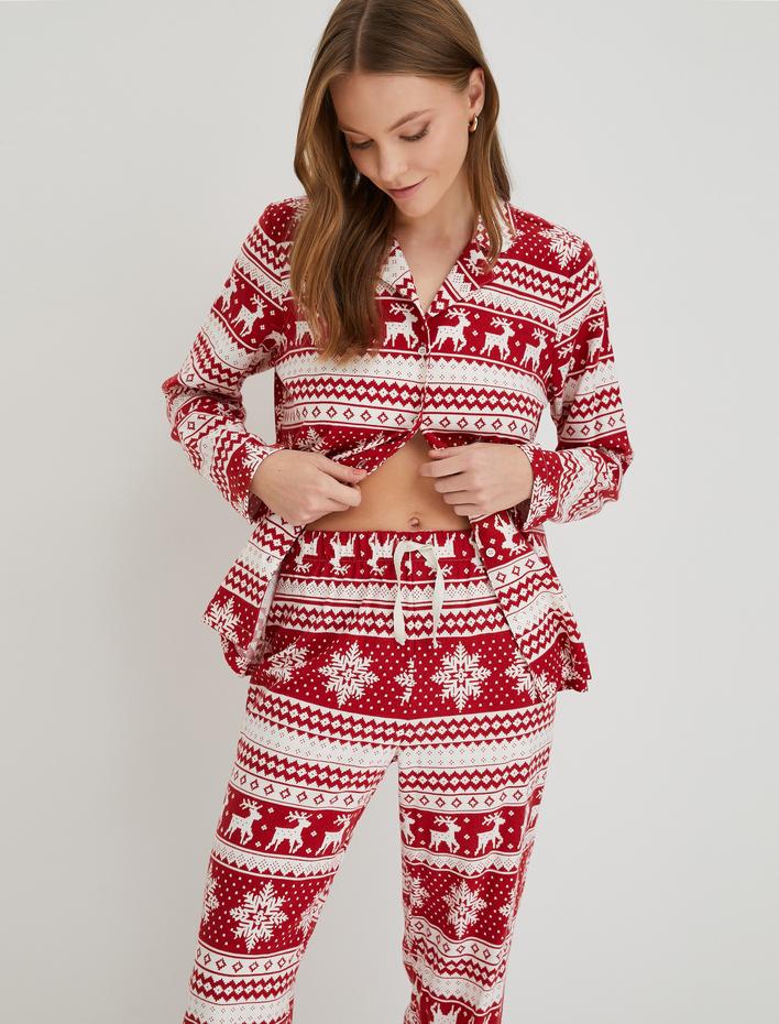  Yılbaşı Temalı Pijama Üstü Uzun Kollu Bisiklet Yaka