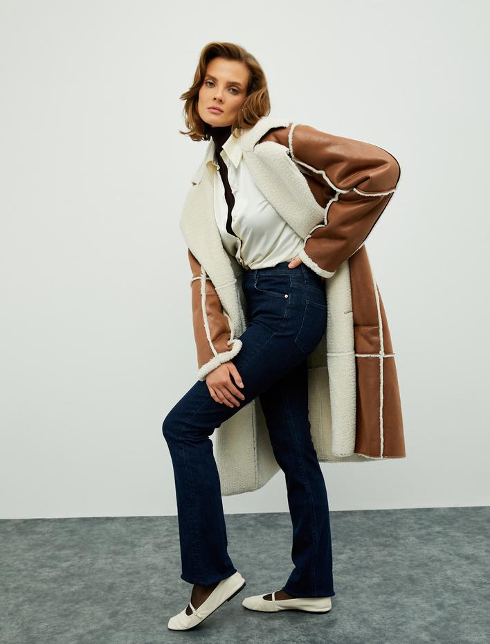  Melis Ağazat X Koton - Slim Fit İspanyol Paça Kot Pantolon Standart Bel Pamuklu Cepli - Flare Slim Jean