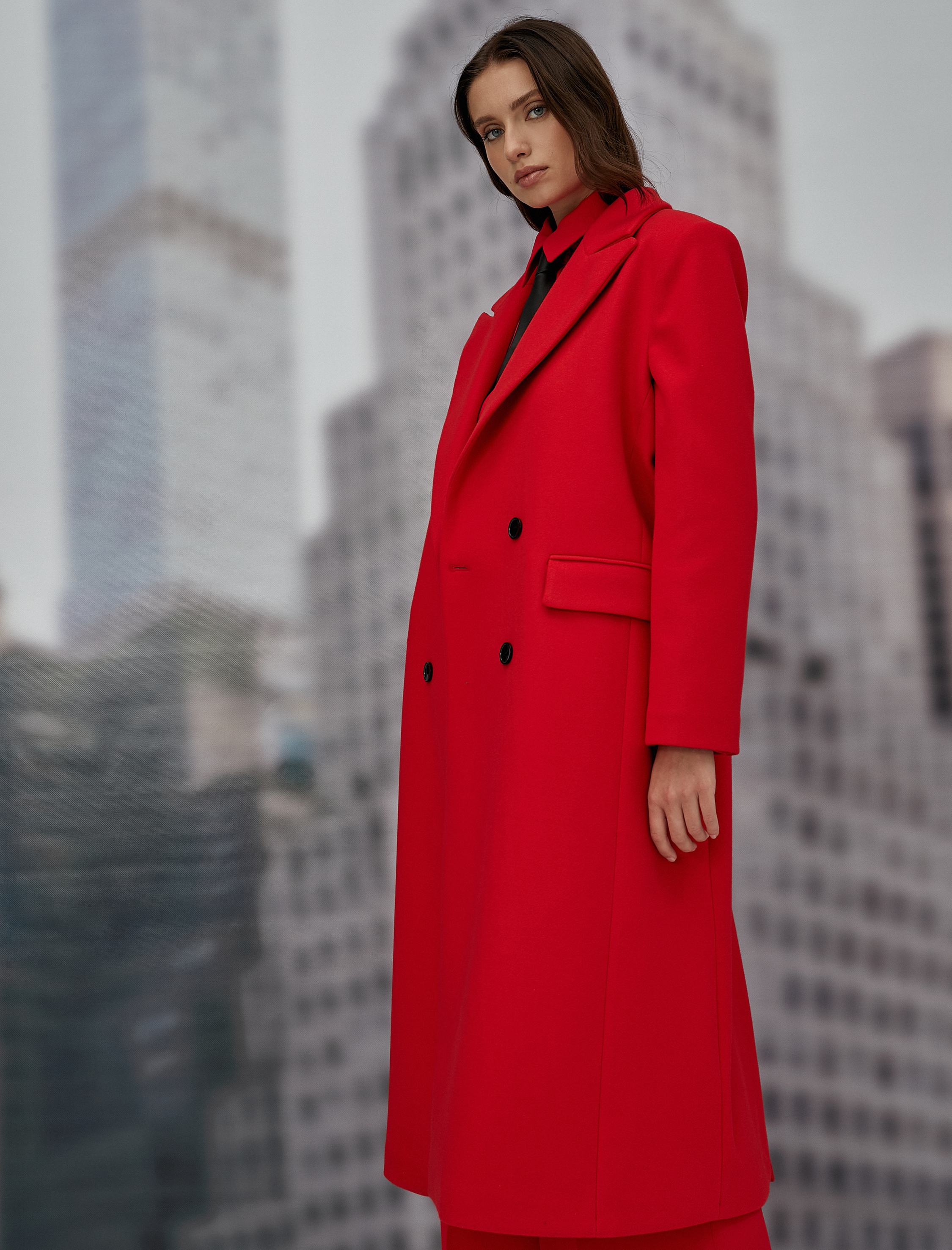   Uzun Kaşe Kaban Düğmeli Kruvaze Kapaklı Cepli