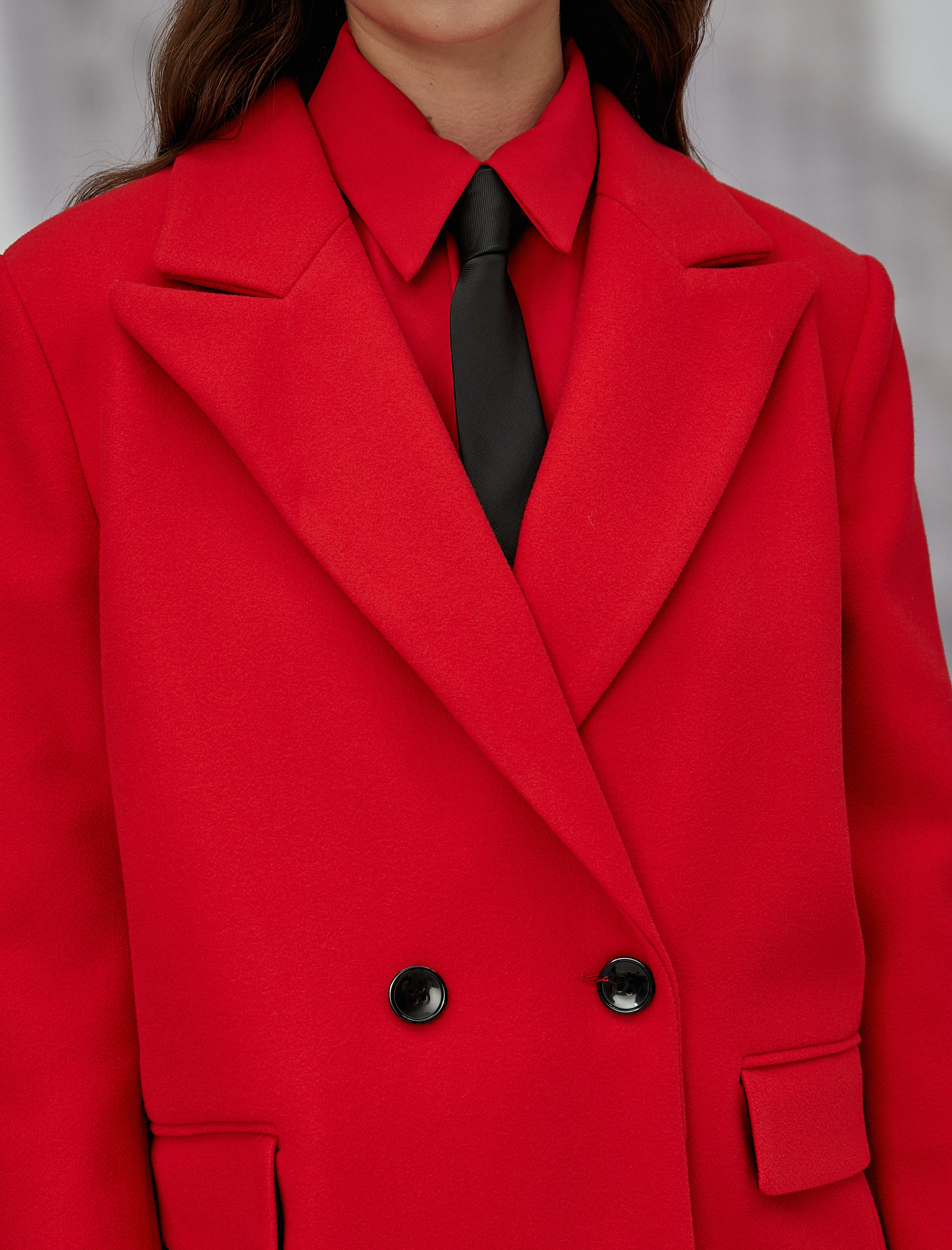   Uzun Kaşe Kaban Düğmeli Kruvaze Kapaklı Cepli