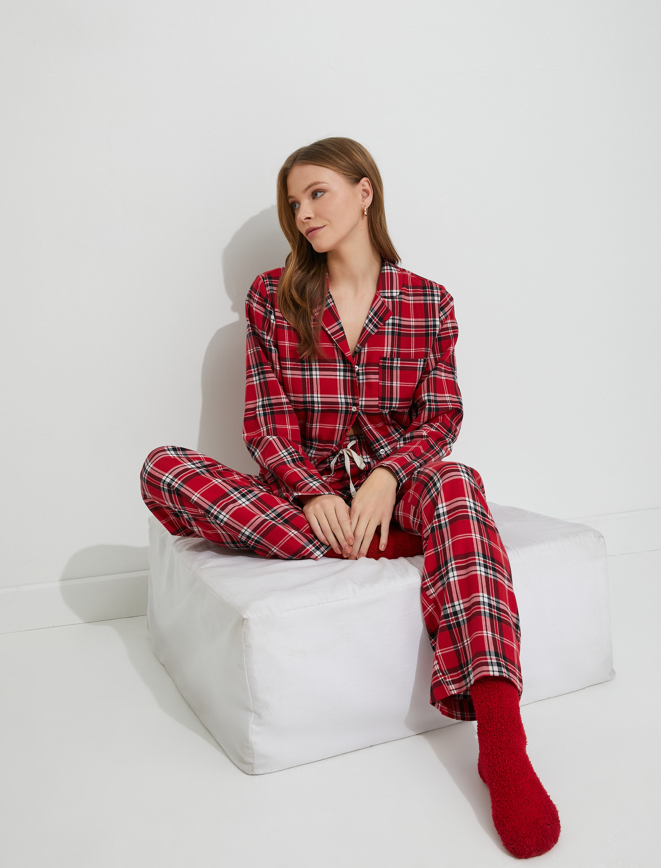   Kareli Pijama Altı Beli Bağcıklı Yılbaşı Temalı Pamuklu