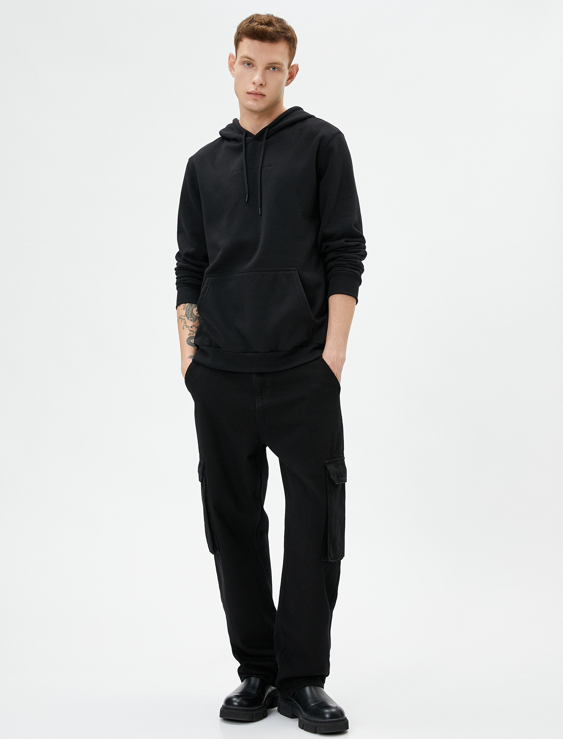   Slogan İşlemeli Hoodie Kanguru Cep Detaylı