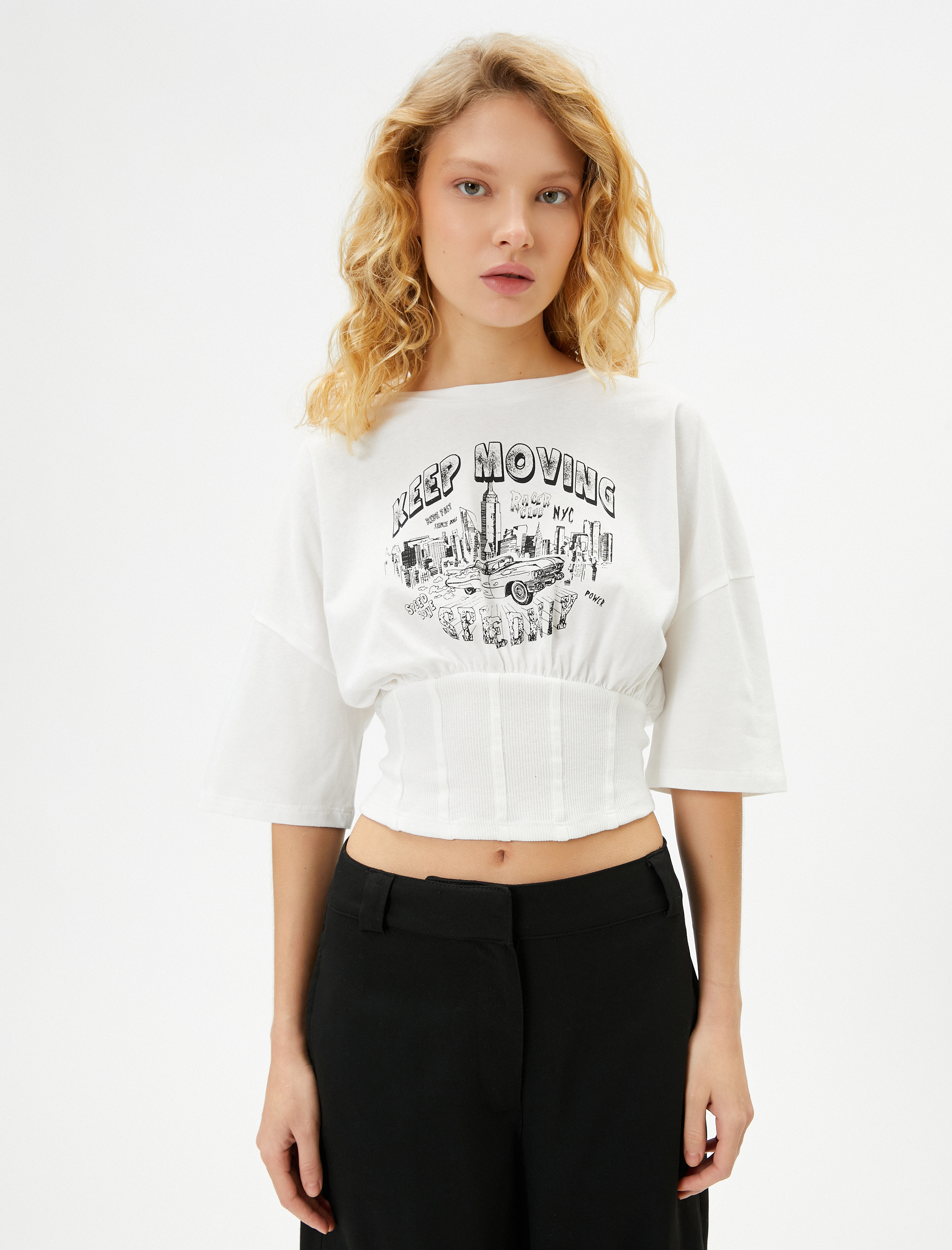   Korse Detaylı Tişört Kısa Kollu Bisiklet Yaka Baskılı Pamuklu