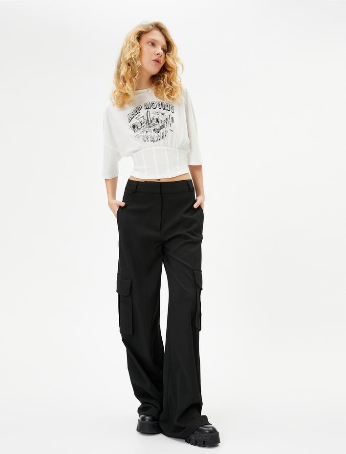  Korse Detaylı Tişört Kısa Kollu Bisiklet Yaka Baskılı Pamuklu