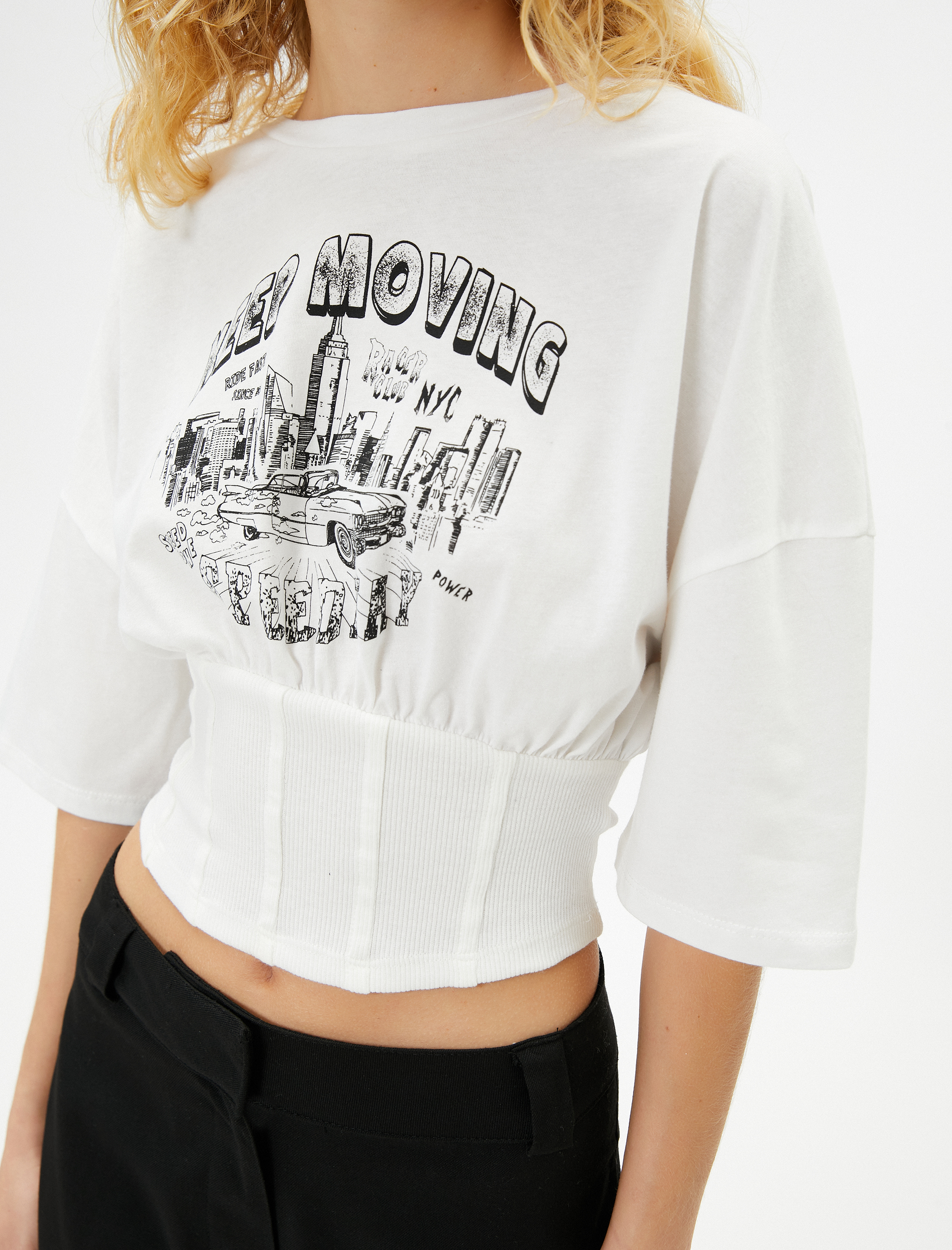   Korse Detaylı Tişört Kısa Kollu Bisiklet Yaka Baskılı Pamuklu