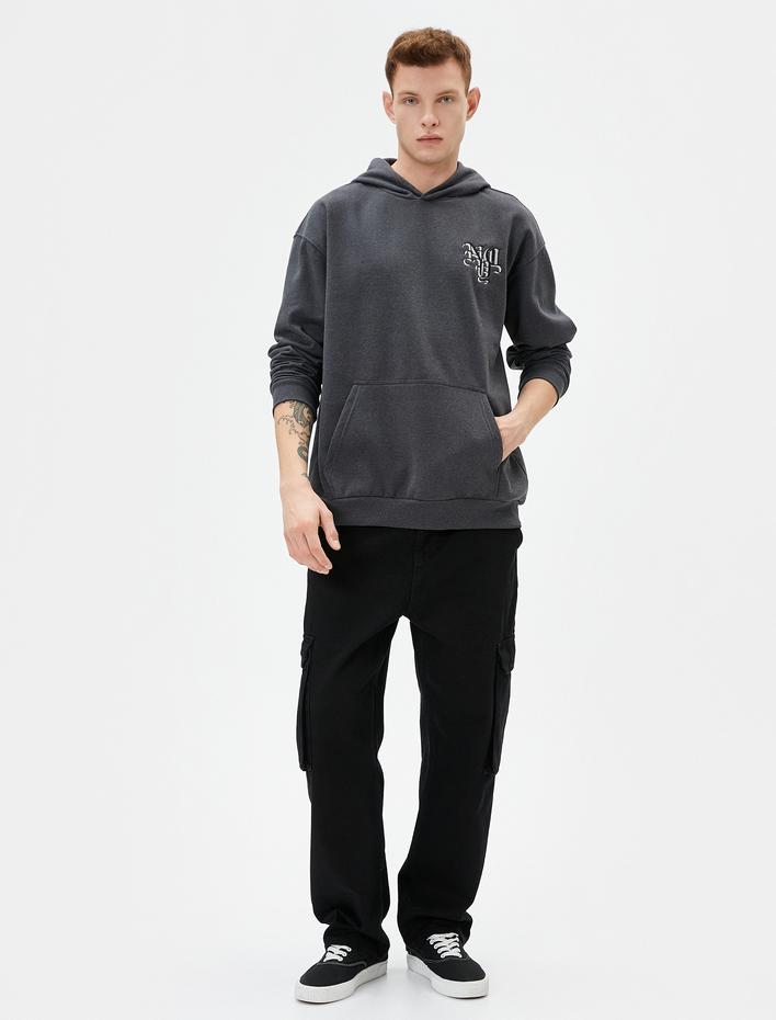  Slogan Baskılı Hoodie Rahat Kesim Kanguru Cepli