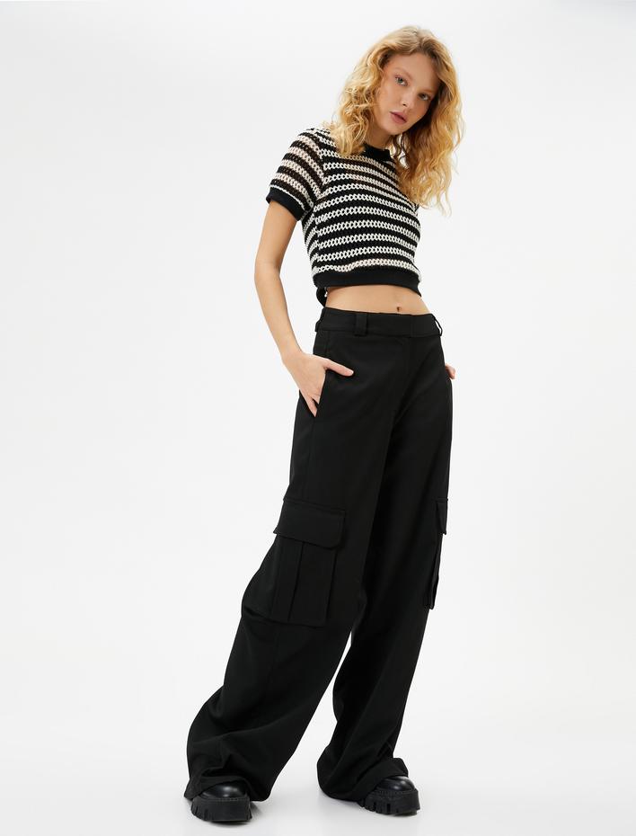  Crop Kroşe Üst Kısa Kollu Bisiklet Yaka Ajurlu