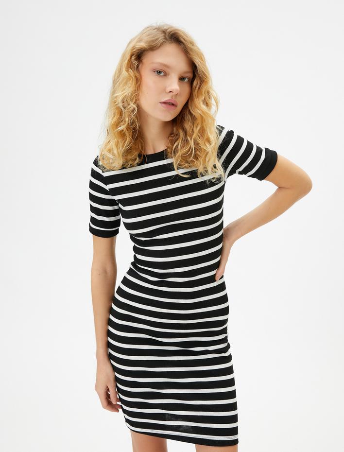  Mini Kalem Elbise Kısa Kollu Bisiklet Yaka Ribanalı