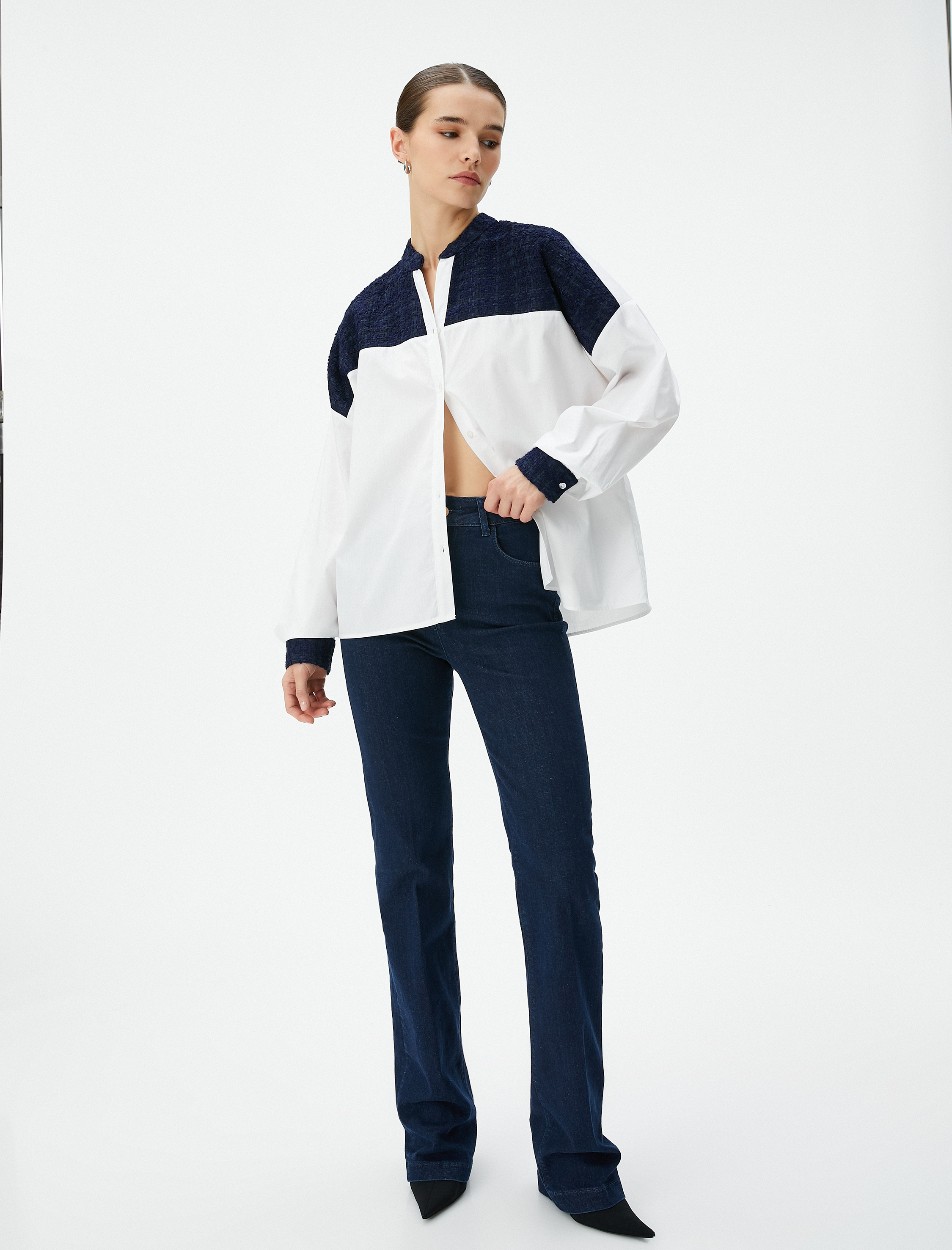   Uzun Kollu Poplin Gömlek Hakim Yaka Tüvit Detaylı Düğmeli