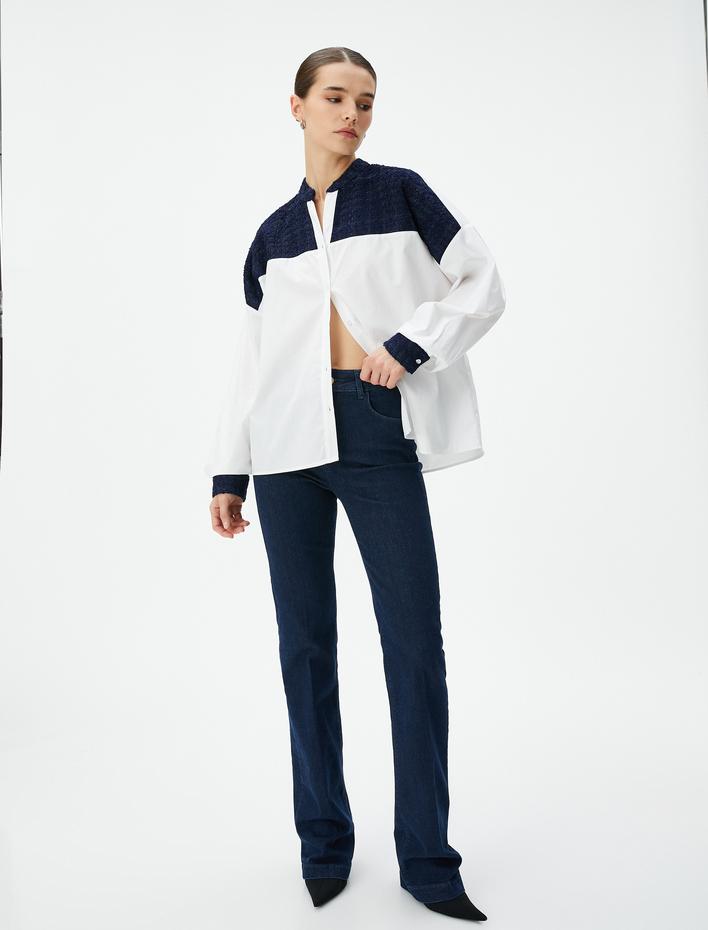  Uzun Kollu Poplin Gömlek Hakim Yaka Tüvit Detaylı Düğmeli