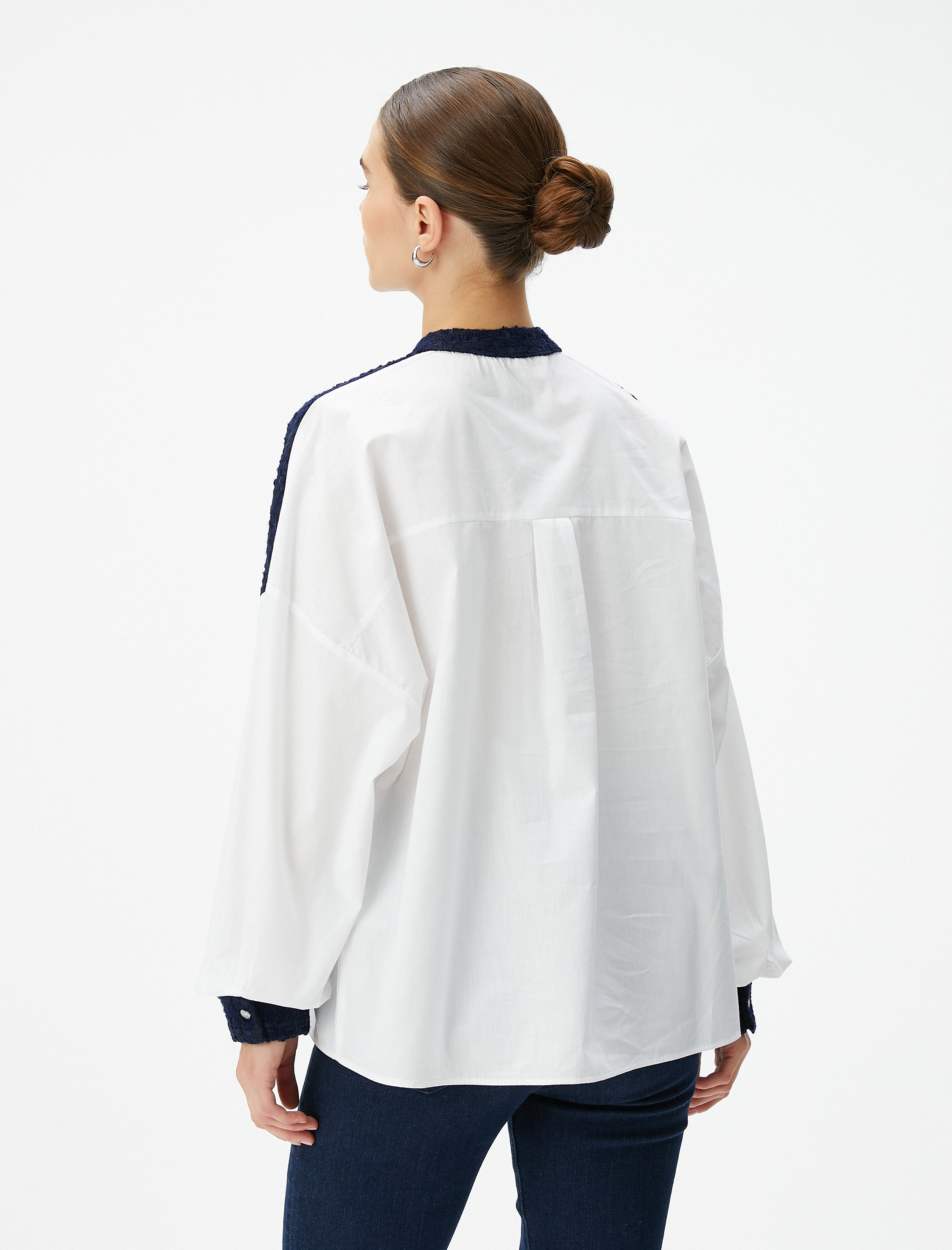   Uzun Kollu Poplin Gömlek Hakim Yaka Tüvit Detaylı Düğmeli