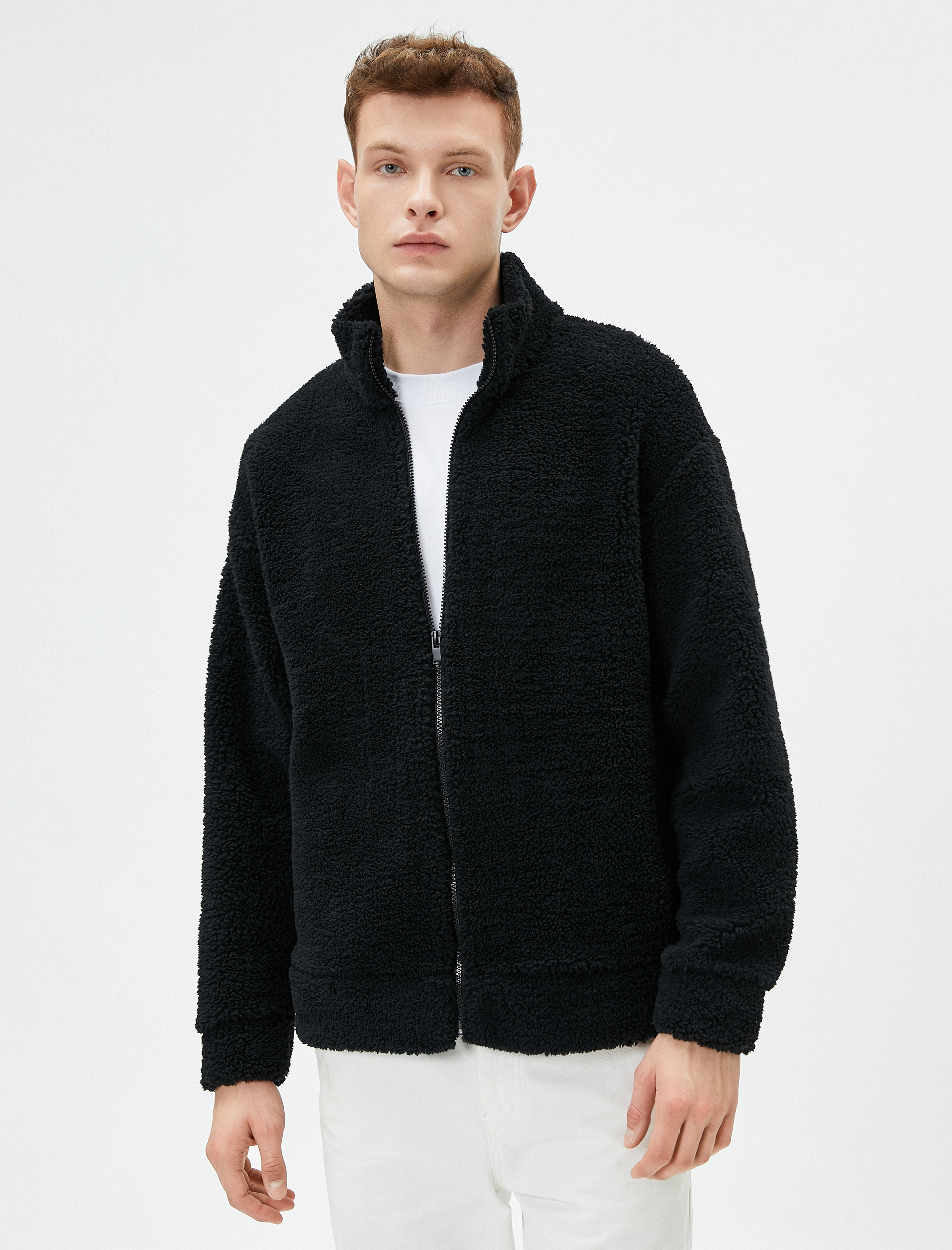   Peluş Hırka Fermuarlı Dik Yaka Yumuşak Dokulu