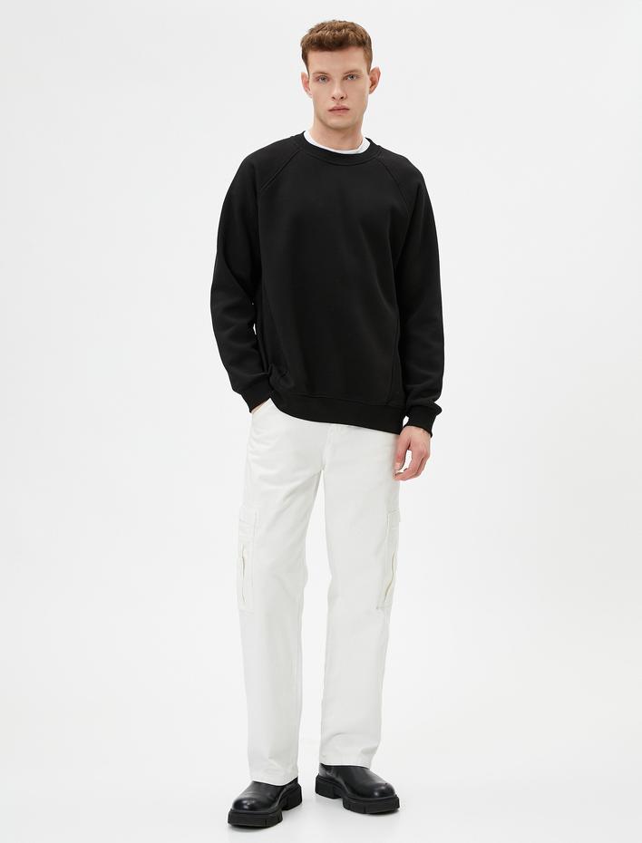  Bisiklet Yaka Sweatshirt Dikiş Detaylı Rahat Kesim Şardonlu