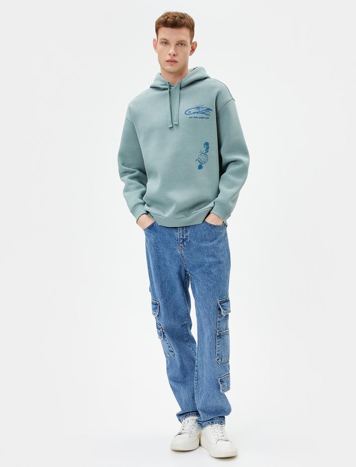  Arkası Baskılı Sweatshirt Kapşonlu Rahat Kesim Uzun Kollu Şardonlu