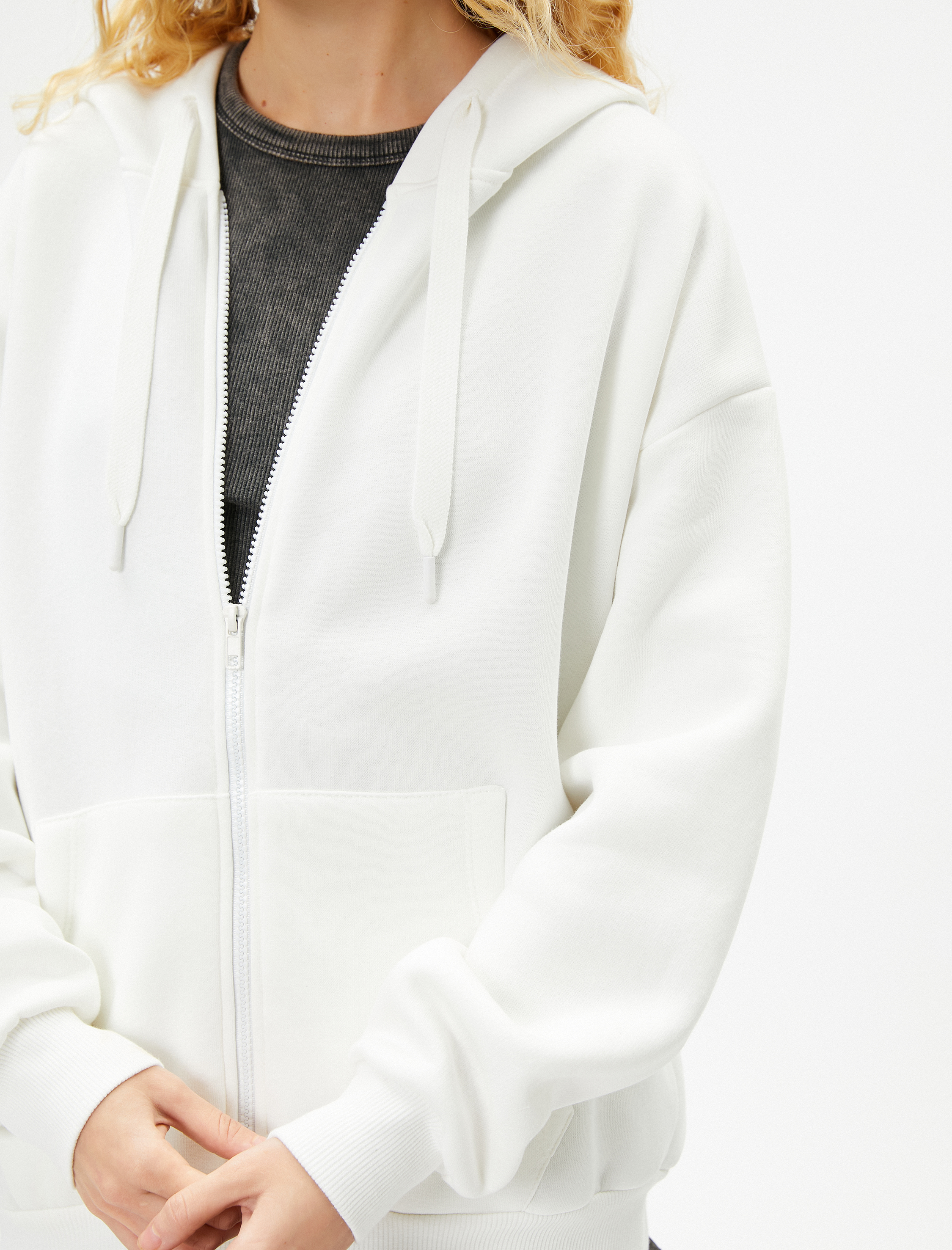   Şardonlu Basic Oversize Fermuarlı Sweatshirt Kapüşonlu Uzun Kanguru Cepli