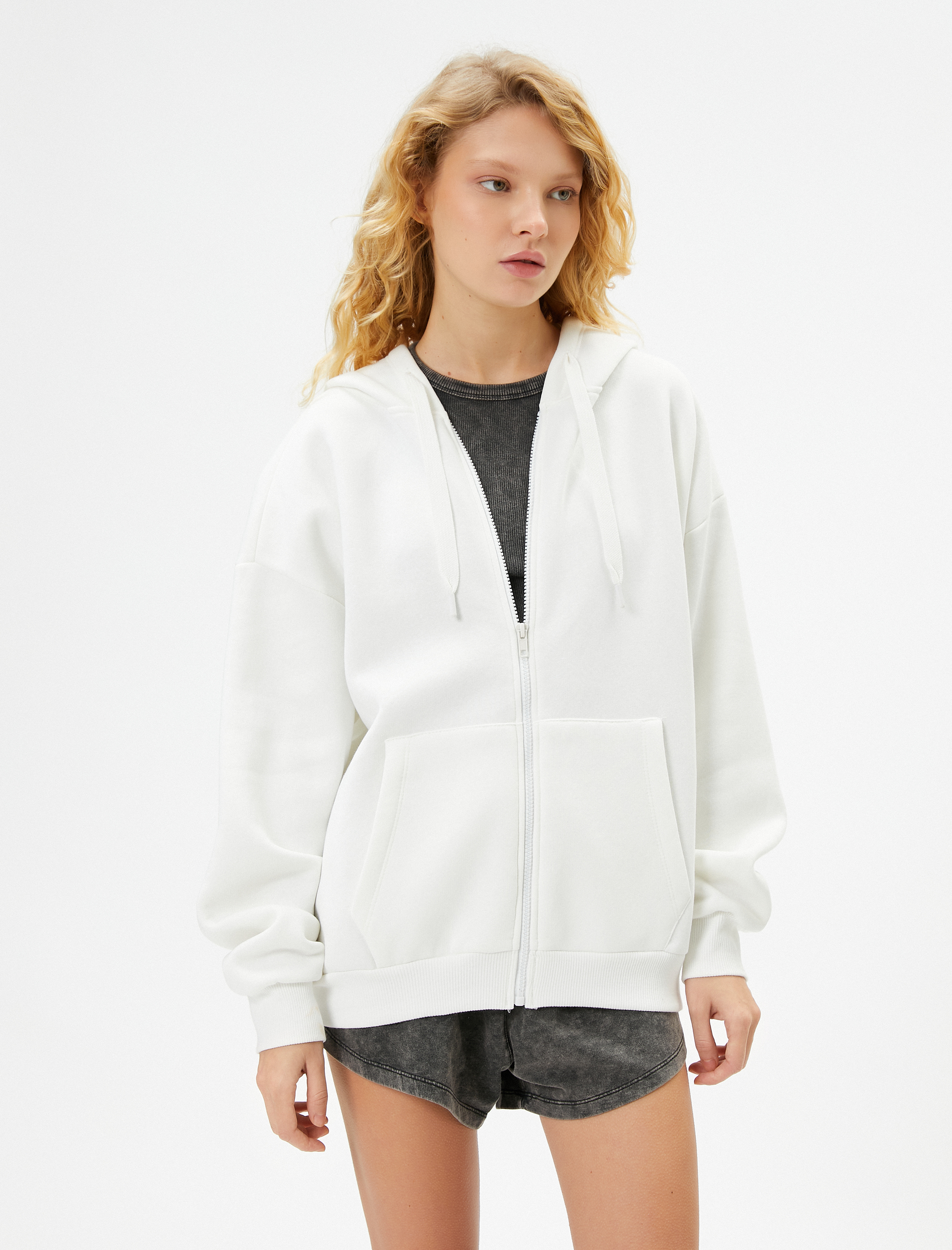   Şardonlu Basic Oversize Fermuarlı Sweatshirt Kapüşonlu Uzun Kanguru Cepli