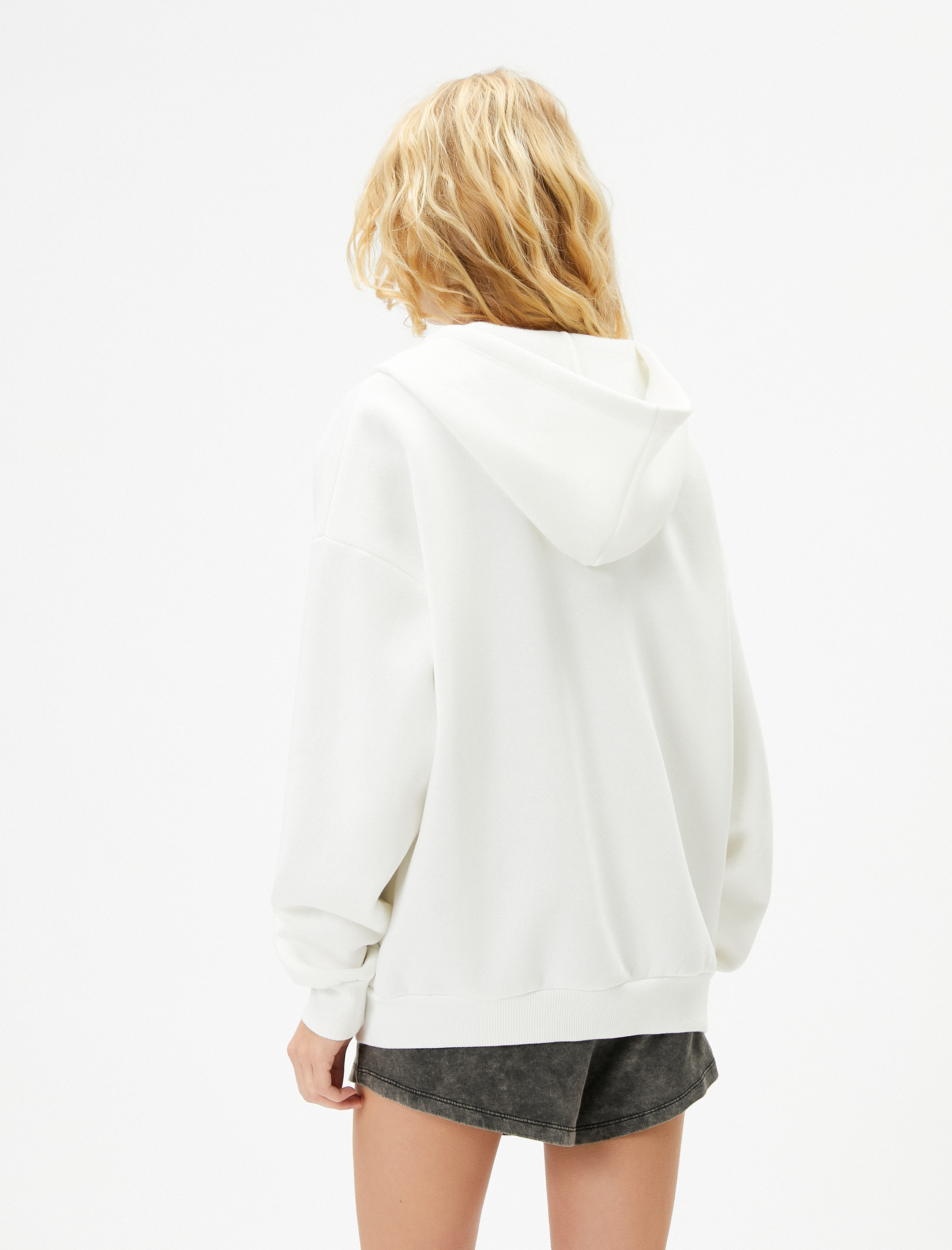   Şardonlu Basic Oversize Fermuarlı Sweatshirt Kapüşonlu Uzun Kanguru Cepli