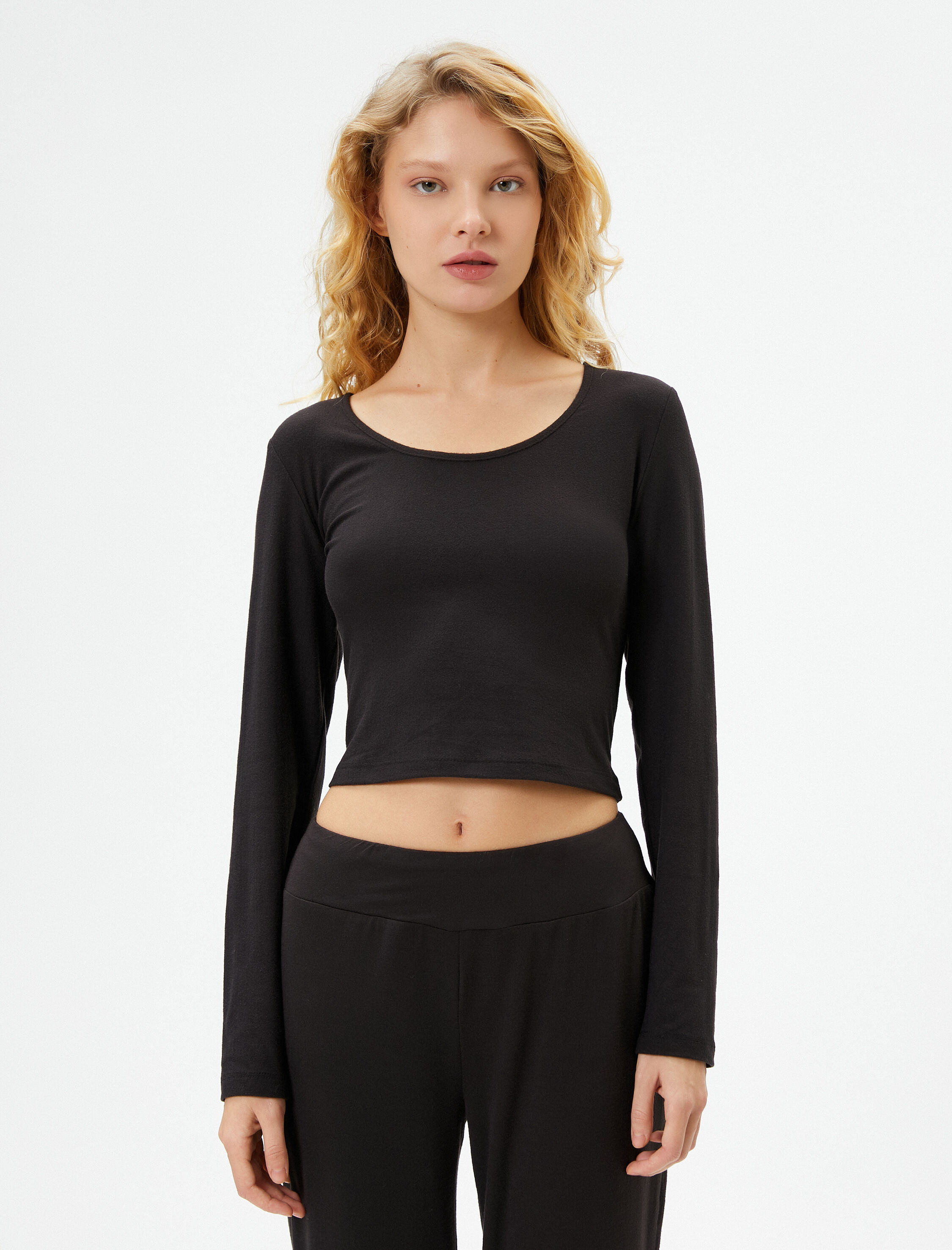   Crop Pijama Üstü Uzun Kollu U Yaka