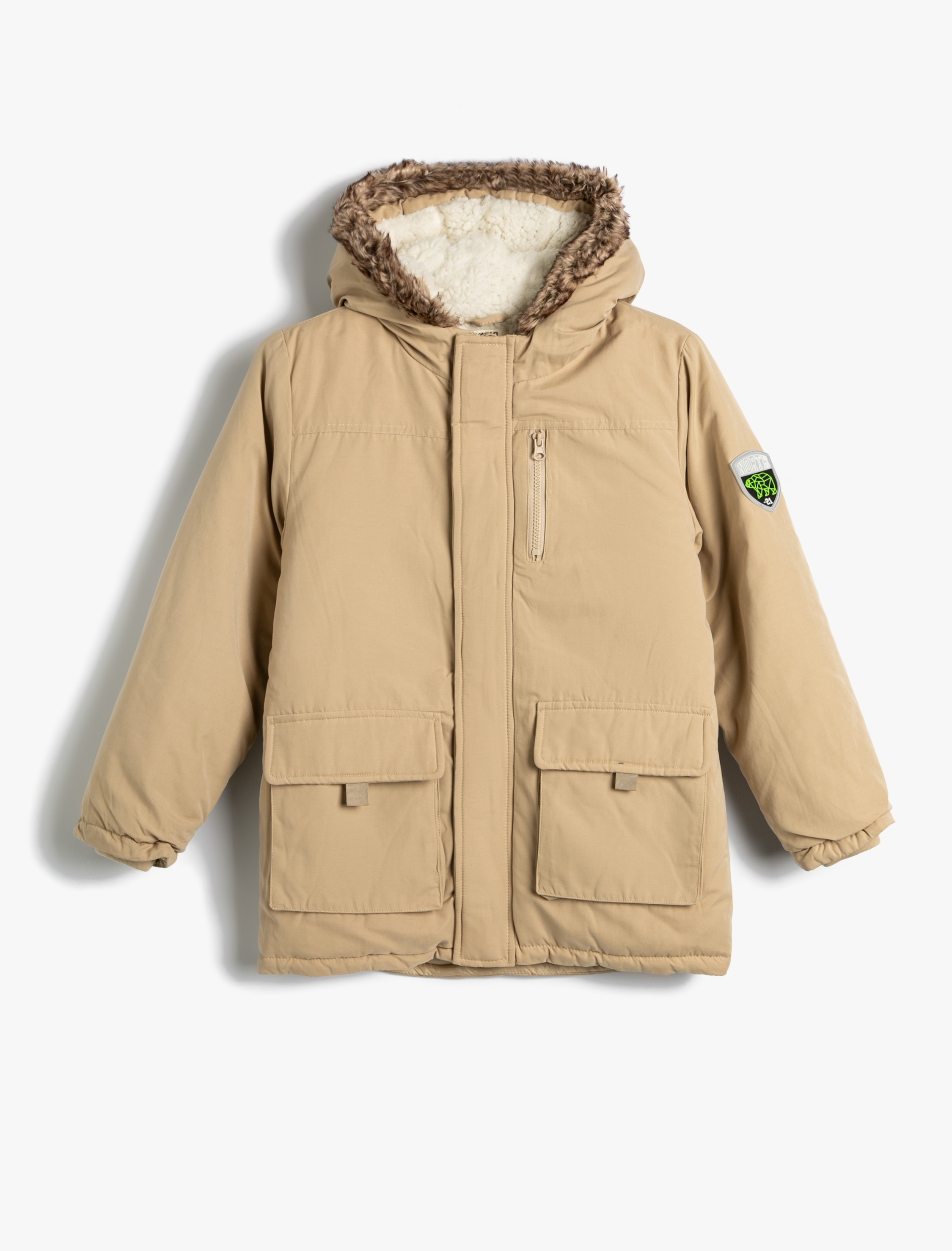 Erkek Çocuk Kapşonlu Mont Dolgulu Cepli Rüzgar Kapaklı İçi Kürklü Fermuarlı