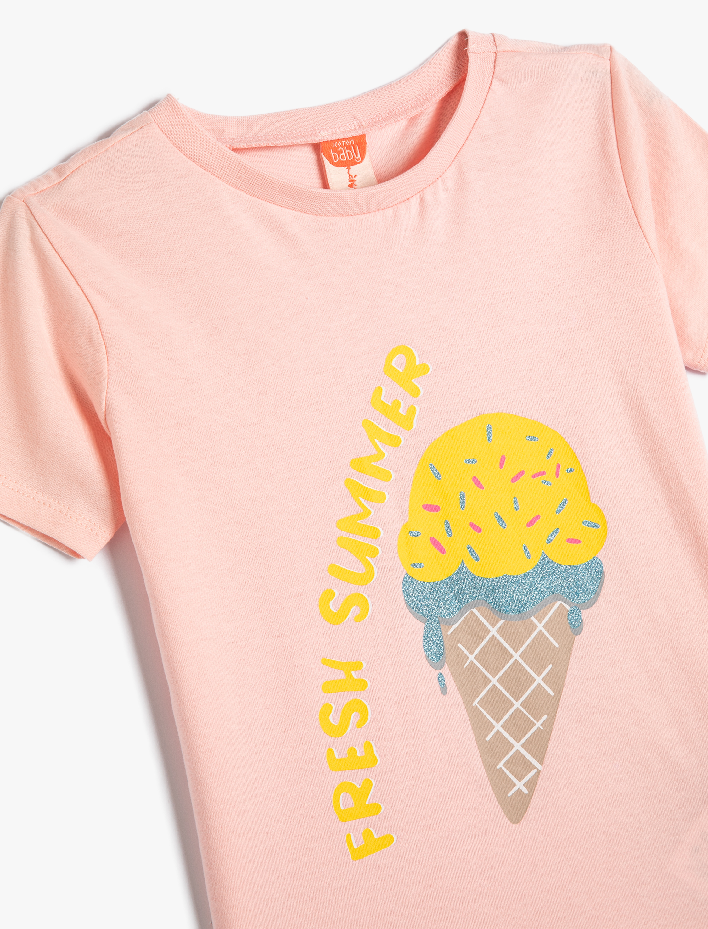  Kız Bebek Tişört Kısa Kollu Bisiklet Yaka Dondurma Baskılı Pamuklu