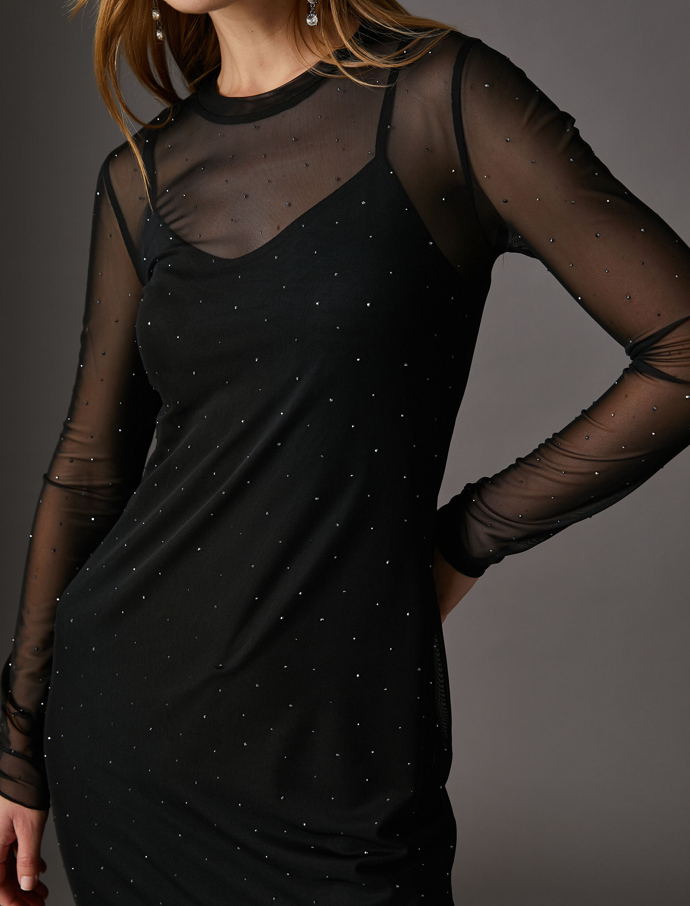   Tül Taşlı Midi Elbise Bisiklet Yaka - El Emeği Koleksiyonu