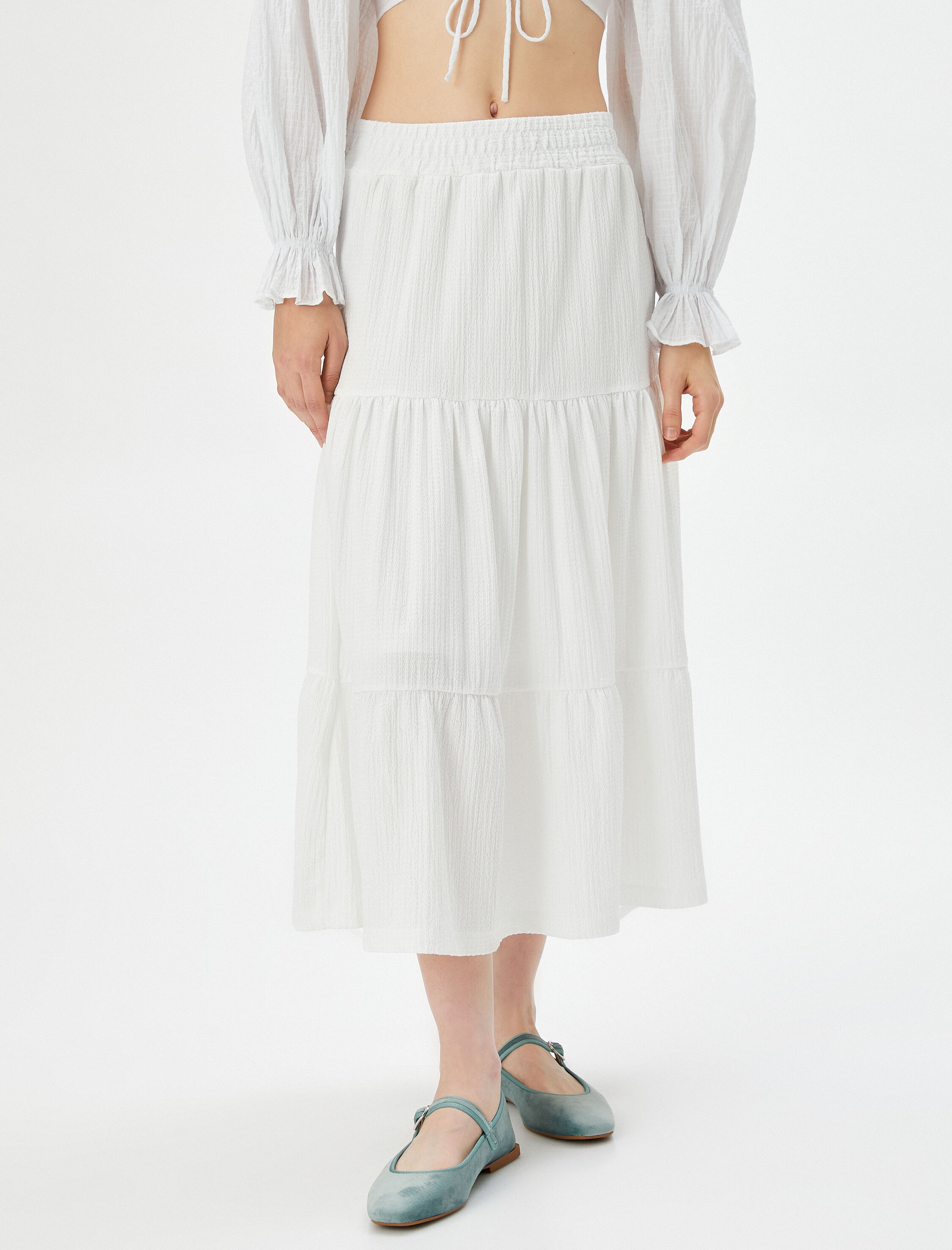   Midi Etek Lastikli Yüksek Bel Dokulu