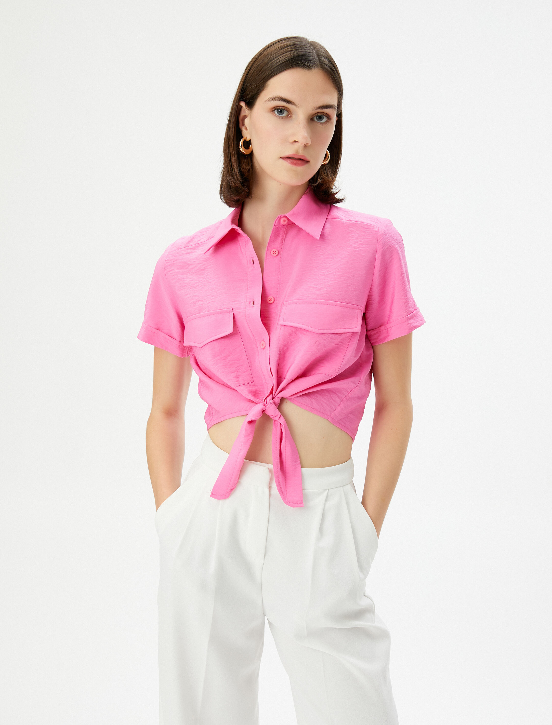   Önden Bağlamalı Gömlek Crop Düğmeli Cepli Viskon