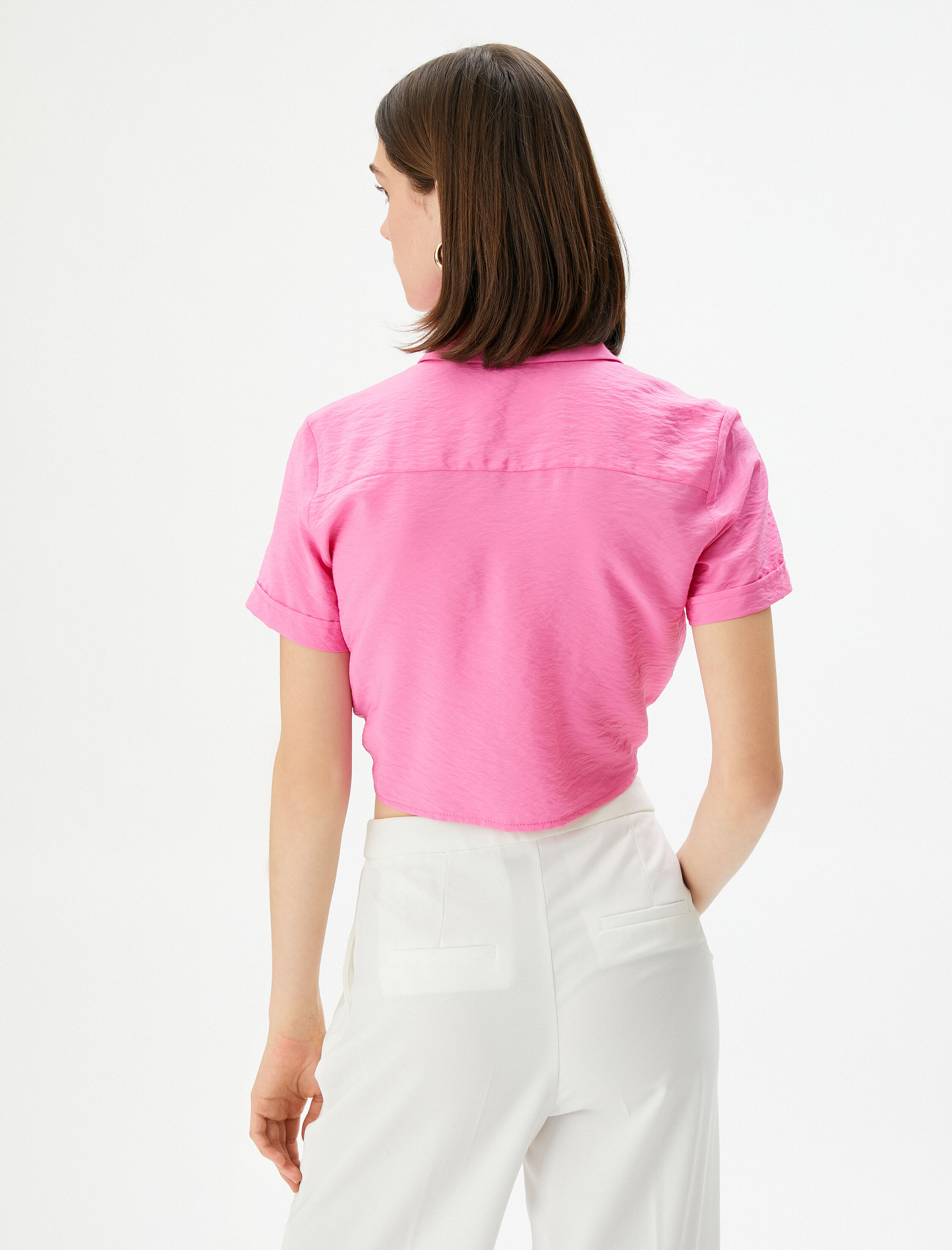   Önden Bağlamalı Gömlek Crop Düğmeli Cepli Viskon