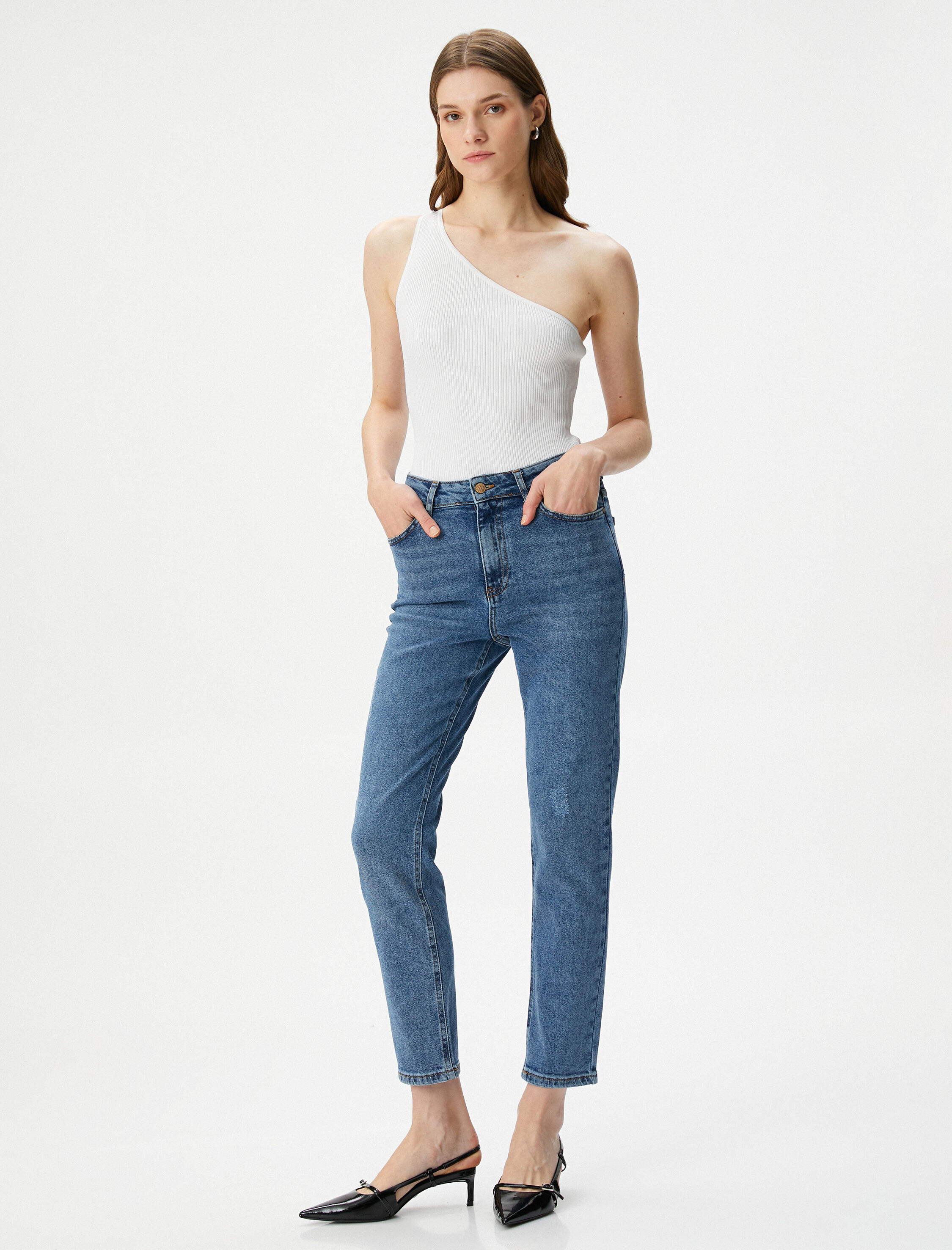   Slim Fit Kot Pantolon Standart Bel Düz Paça Esnek Pamuklu Cepli - Eve Slim Jean