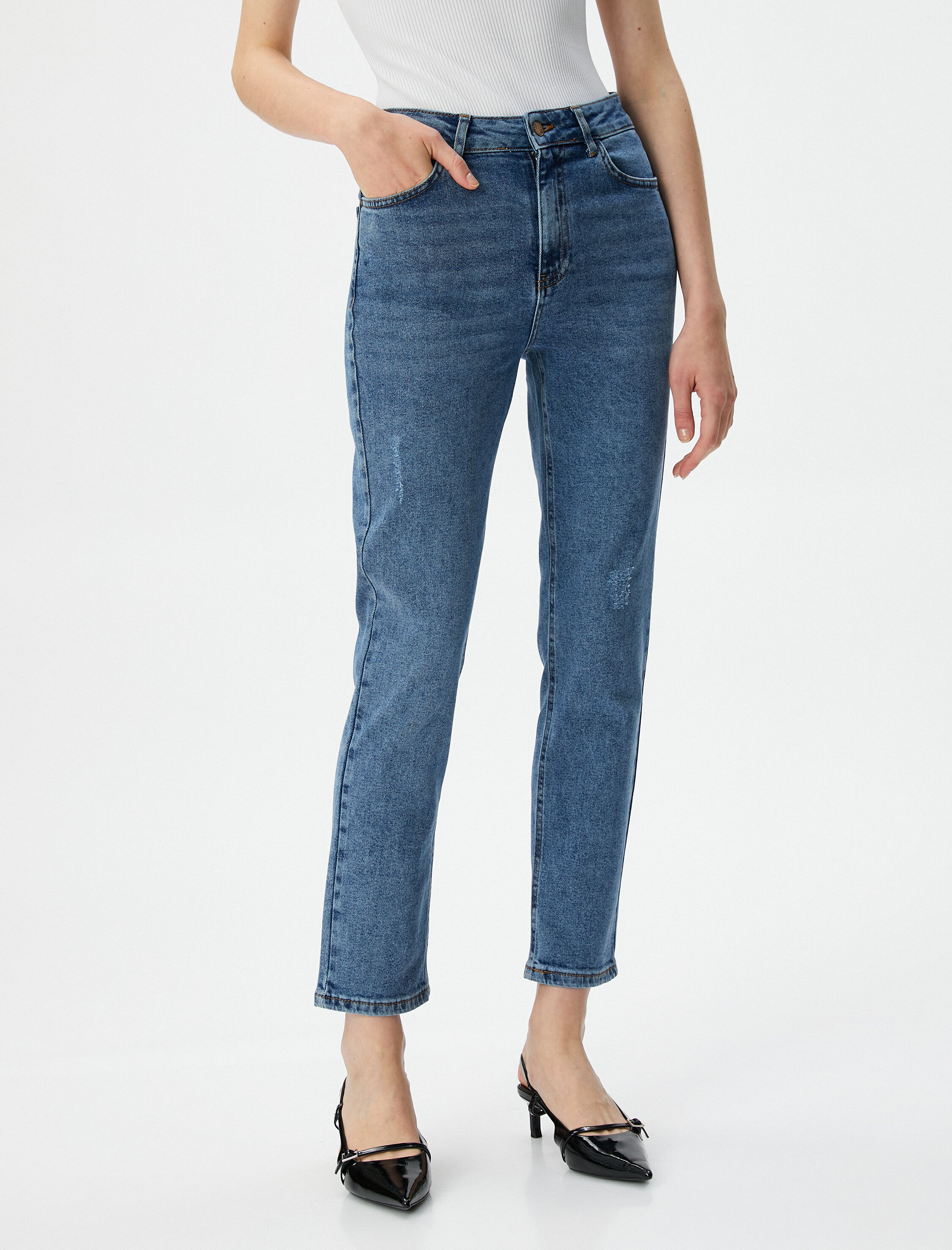   Slim Fit Kot Pantolon Standart Bel Düz Paça Esnek Pamuklu Cepli - Eve Slim Jean