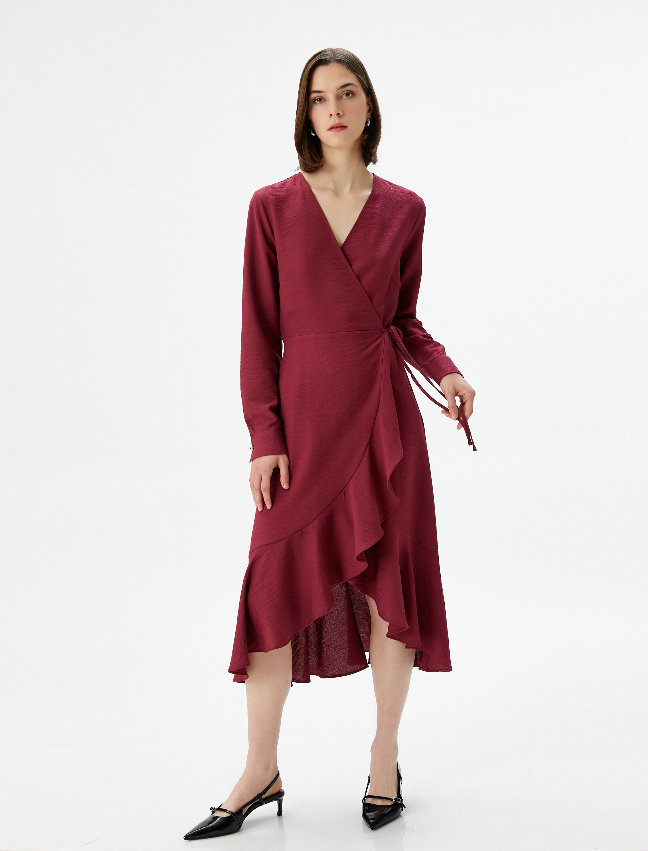   Midi Kloş Elbise Kruvaze Fırfırlı Beli Bağlamalı Uzun Kollu