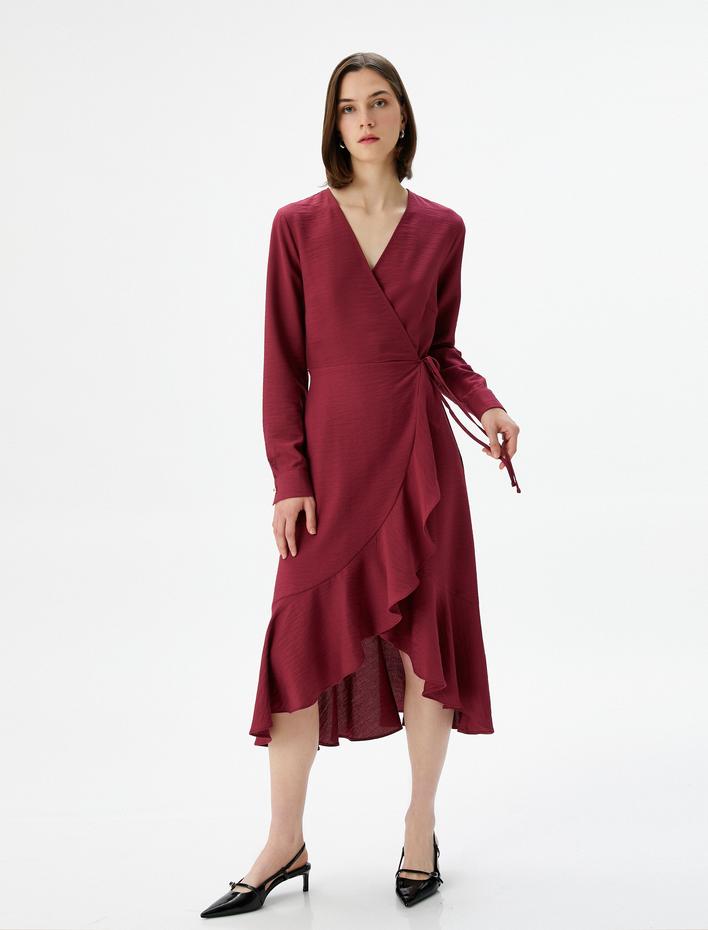  Midi Kloş Elbise Kruvaze Fırfırlı Beli Bağlamalı Uzun Kollu