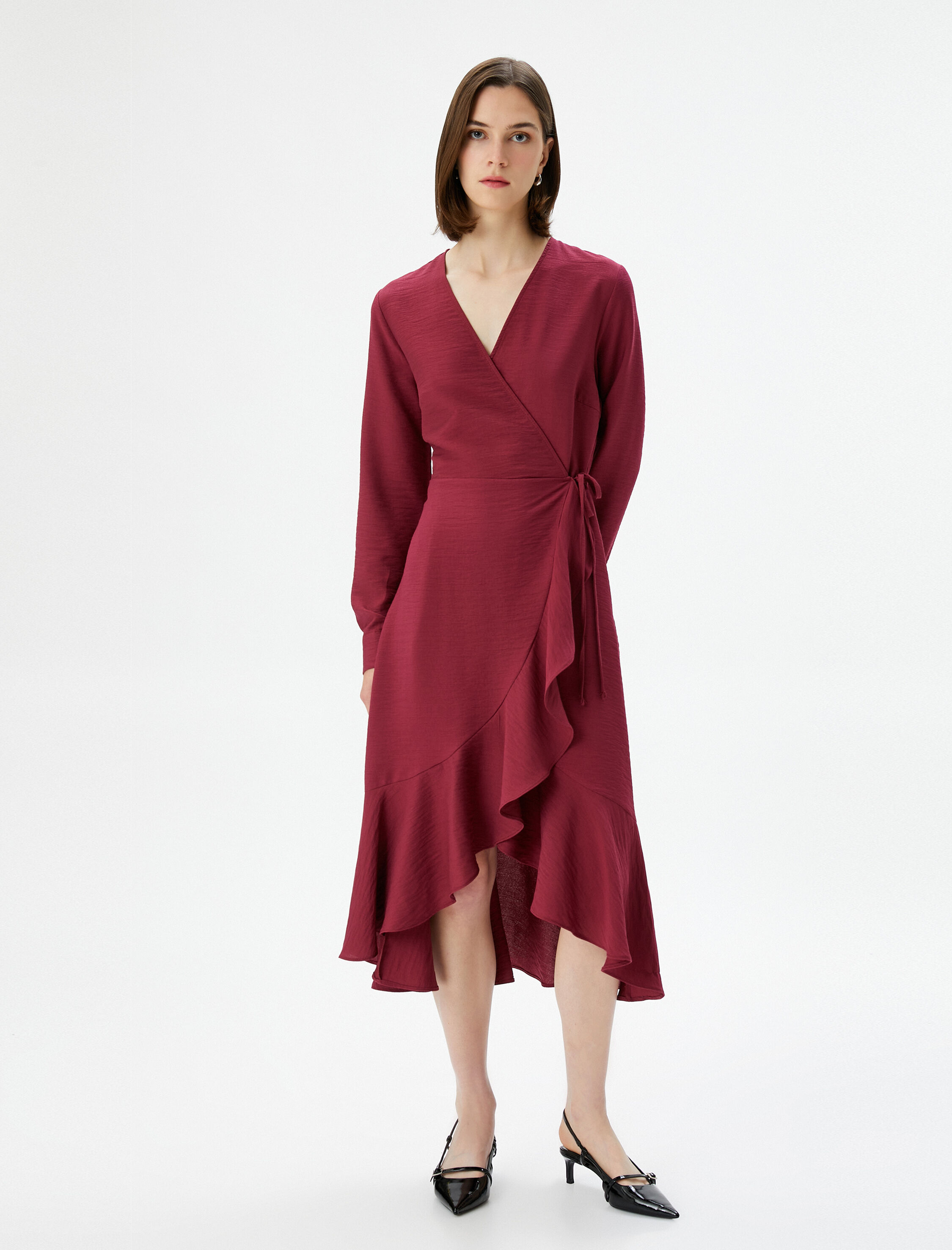   Midi Kloş Elbise Kruvaze Fırfırlı Beli Bağlamalı Uzun Kollu