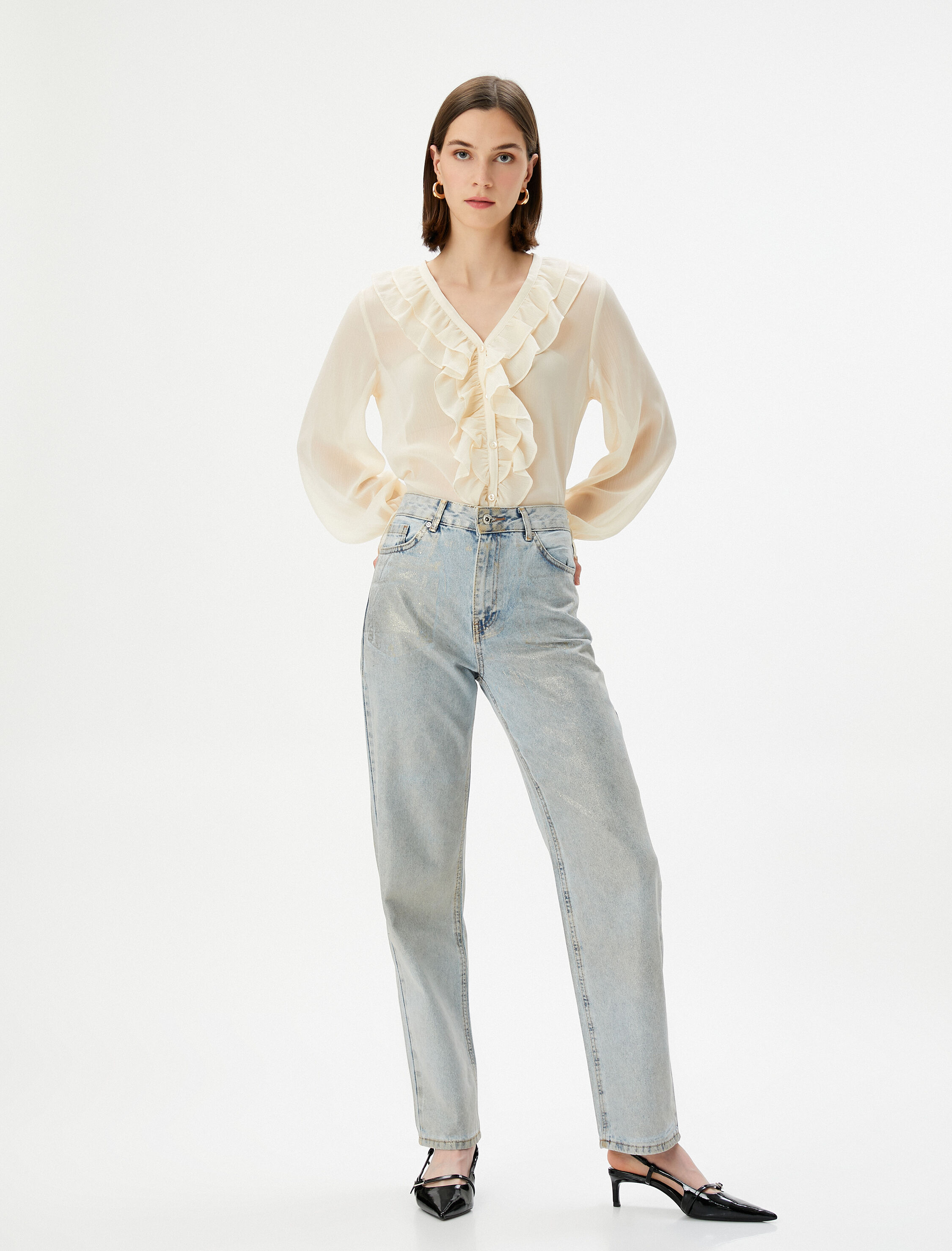   Şifon Gömlek Fırfırlı V Yaka