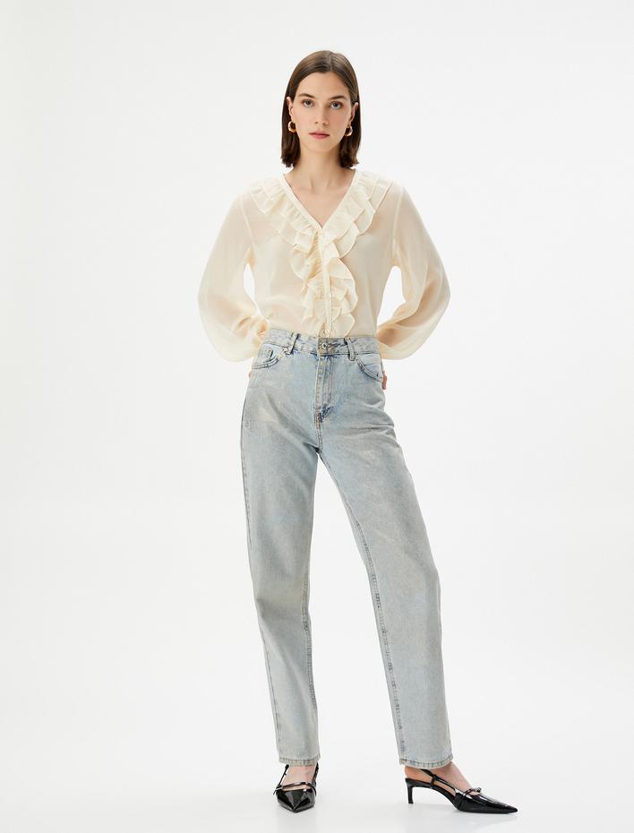  Şifon Gömlek Fırfırlı V Yaka