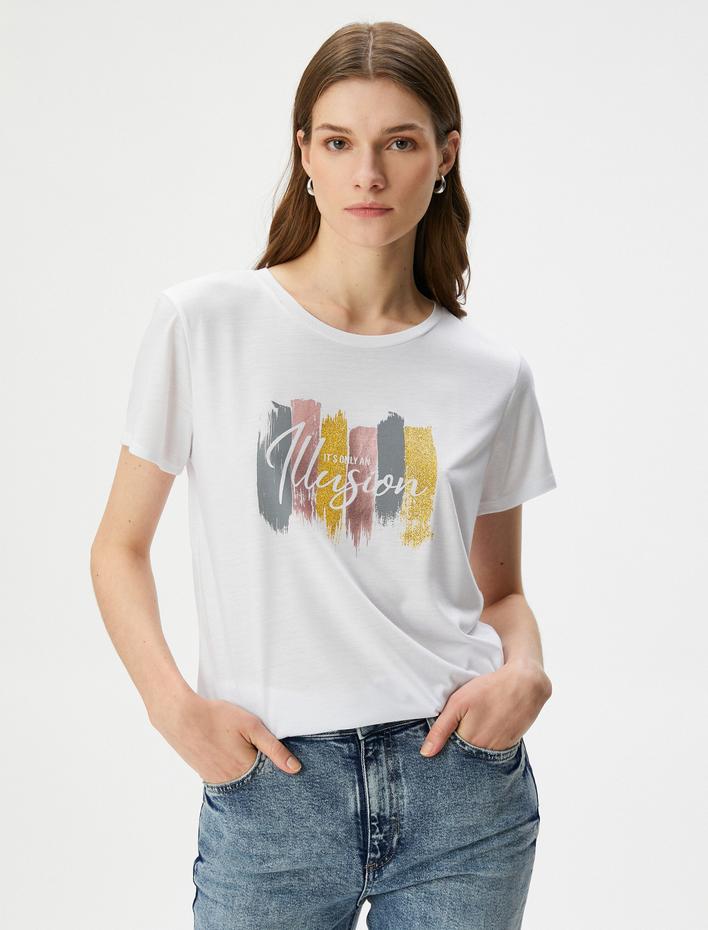  Baskılı Tişört Kısa Kollu Bisiklet Yaka Viskon Karışımlı Regular Fit