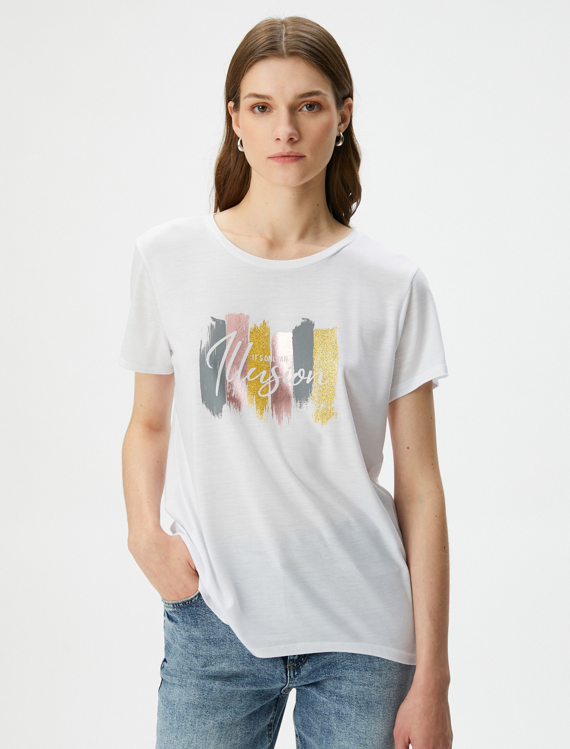   Baskılı Tişört Kısa Kollu Bisiklet Yaka Viskon Karışımlı Regular Fit