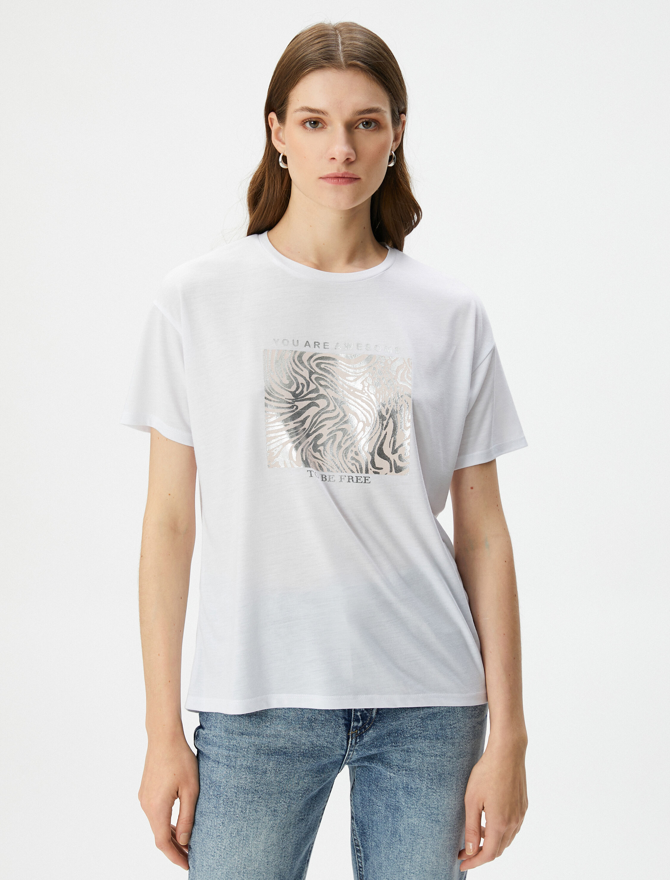   Baskılı Tişört Kısa Kollu Bisiklet Yaka Viskon Karışımlı Regular Fit