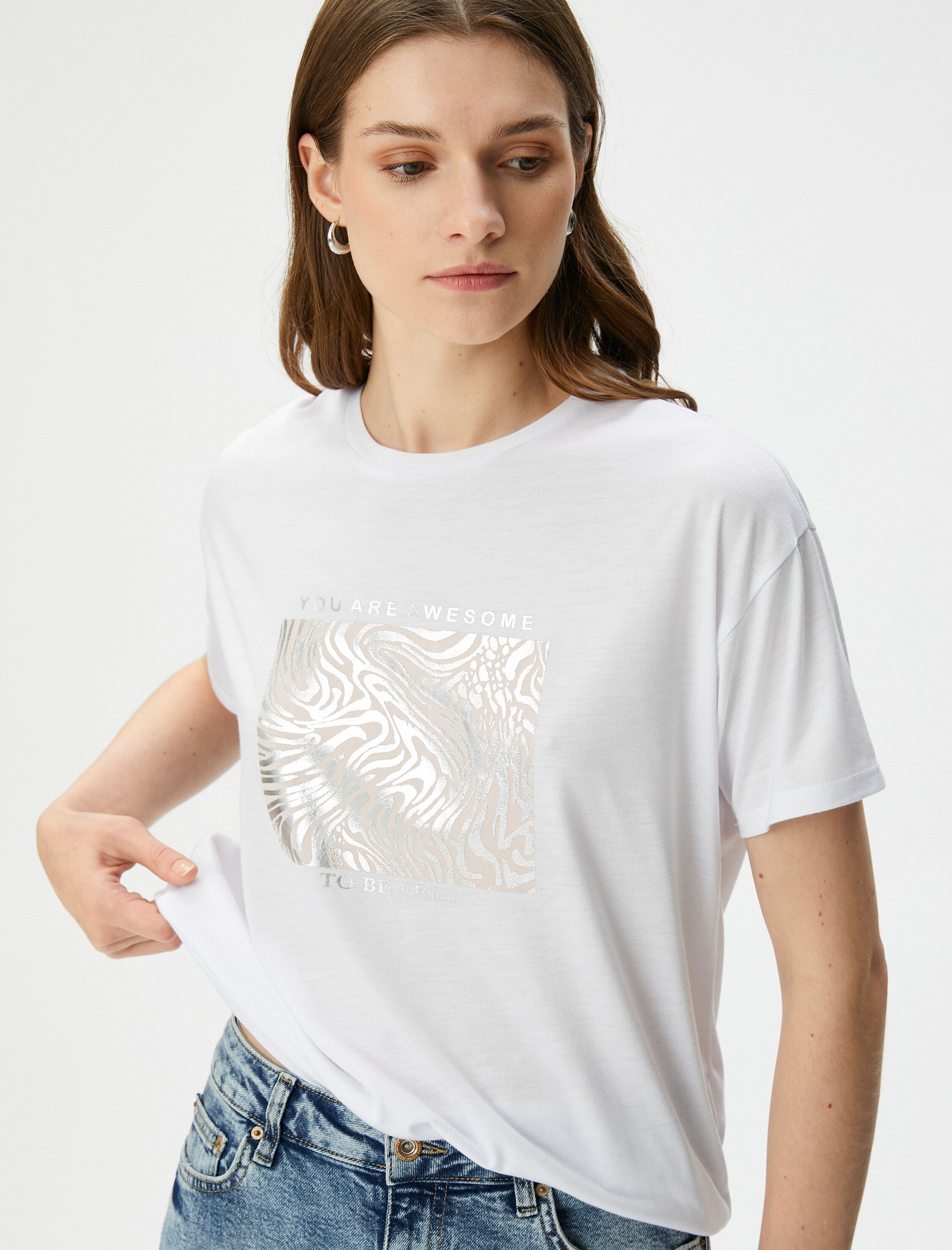   Baskılı Tişört Kısa Kollu Bisiklet Yaka Viskon Karışımlı Regular Fit